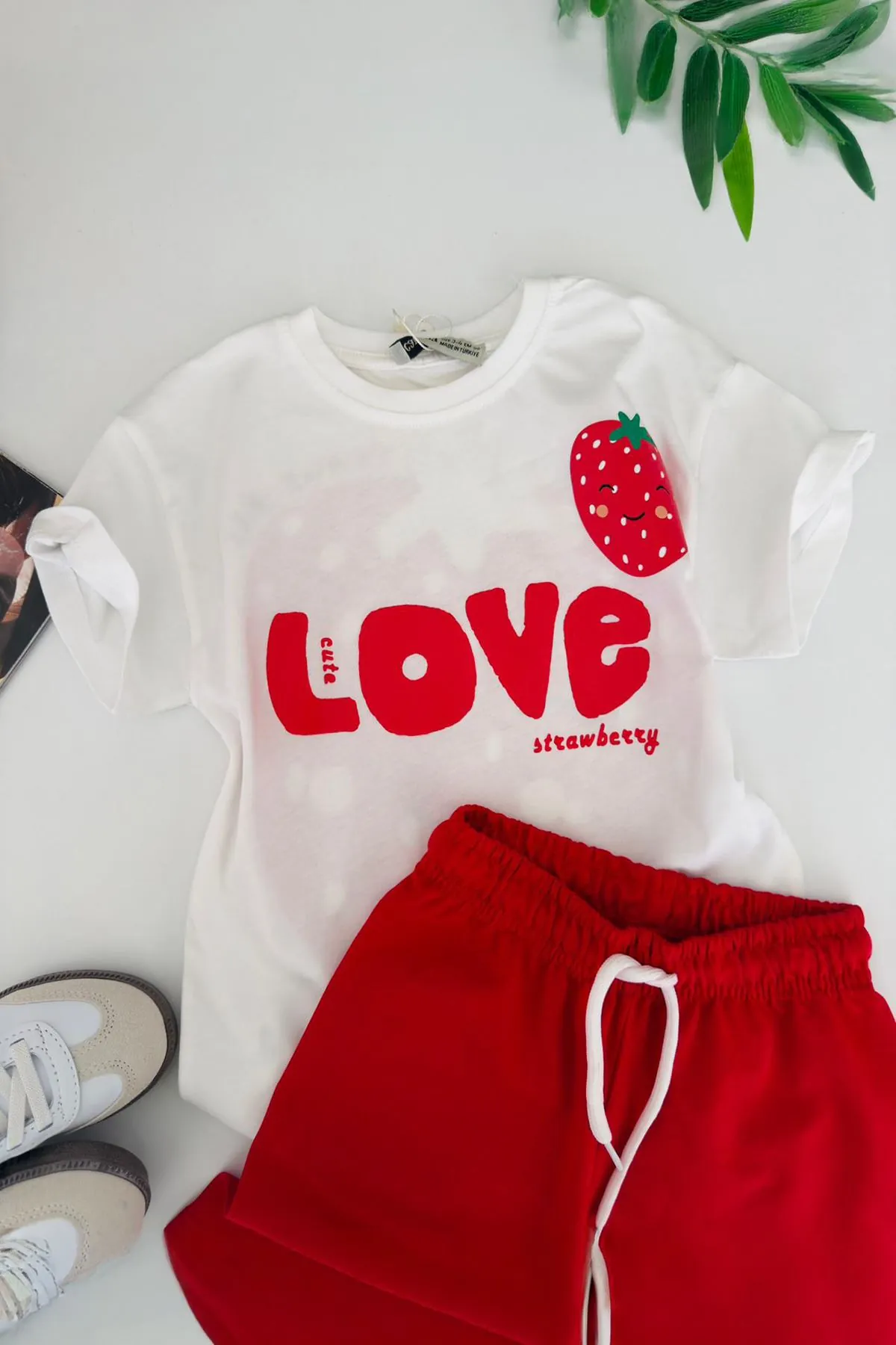 Miniğimin Cicileri Love Çilek Baskılı Kız Çocuk 2 li Takım - Beyaz