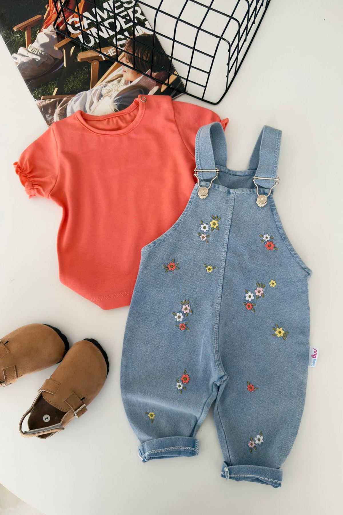 Miniğimin Cicileri Minik Çiçek İşlemeli Kısa Kol Kız Bebek 2 li Takım - Nar Çiçeği