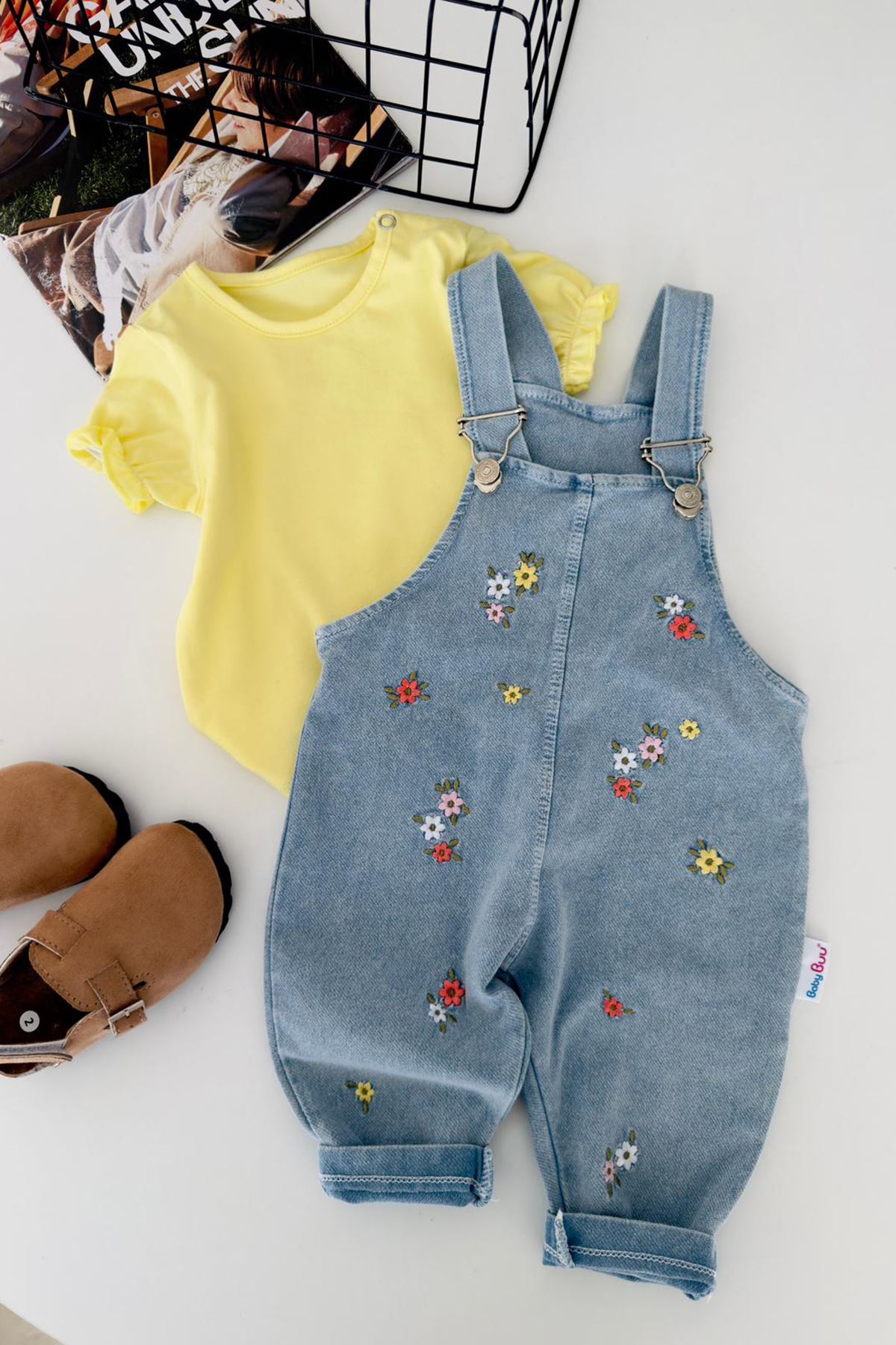 Miniğimin Cicileri Minik Çiçek İşlemeli Kısa Kol Kız Bebek 2 li Takım - Sarı