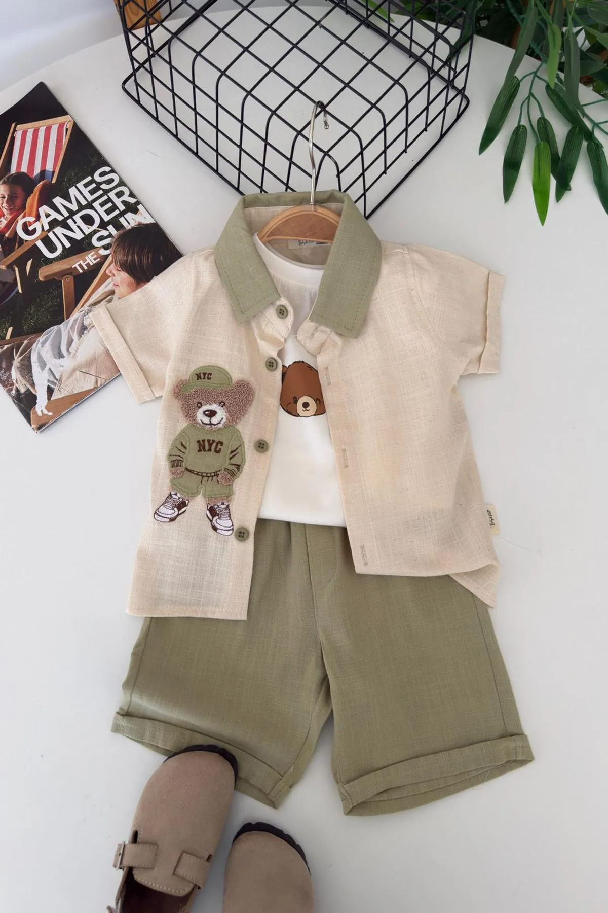 Miniğimin Cicileri Bear Panç İşleme Detaylı Erkek Bebek 3 lü Gömlekli Yazlık Takım - Yeşil