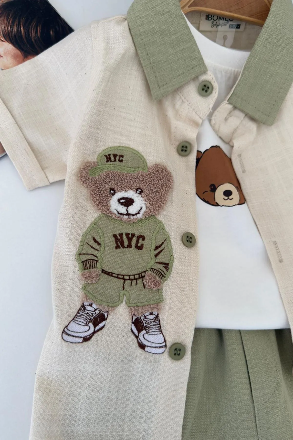 Miniğimin Cicileri Bear Panç İşleme Detaylı Erkek Bebek 3 lü Gömlekli Yazlık Takım - Yeşil