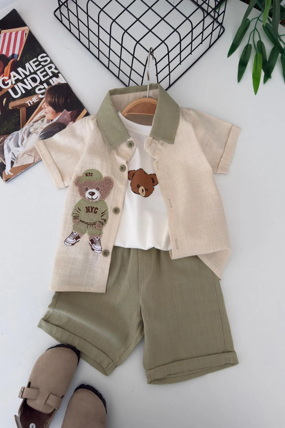 Miniğimin Cicileri Bear Panç İşleme Detaylı Erkek Bebek 3 lü Gömlekli Yazlık Takım - Yeşil