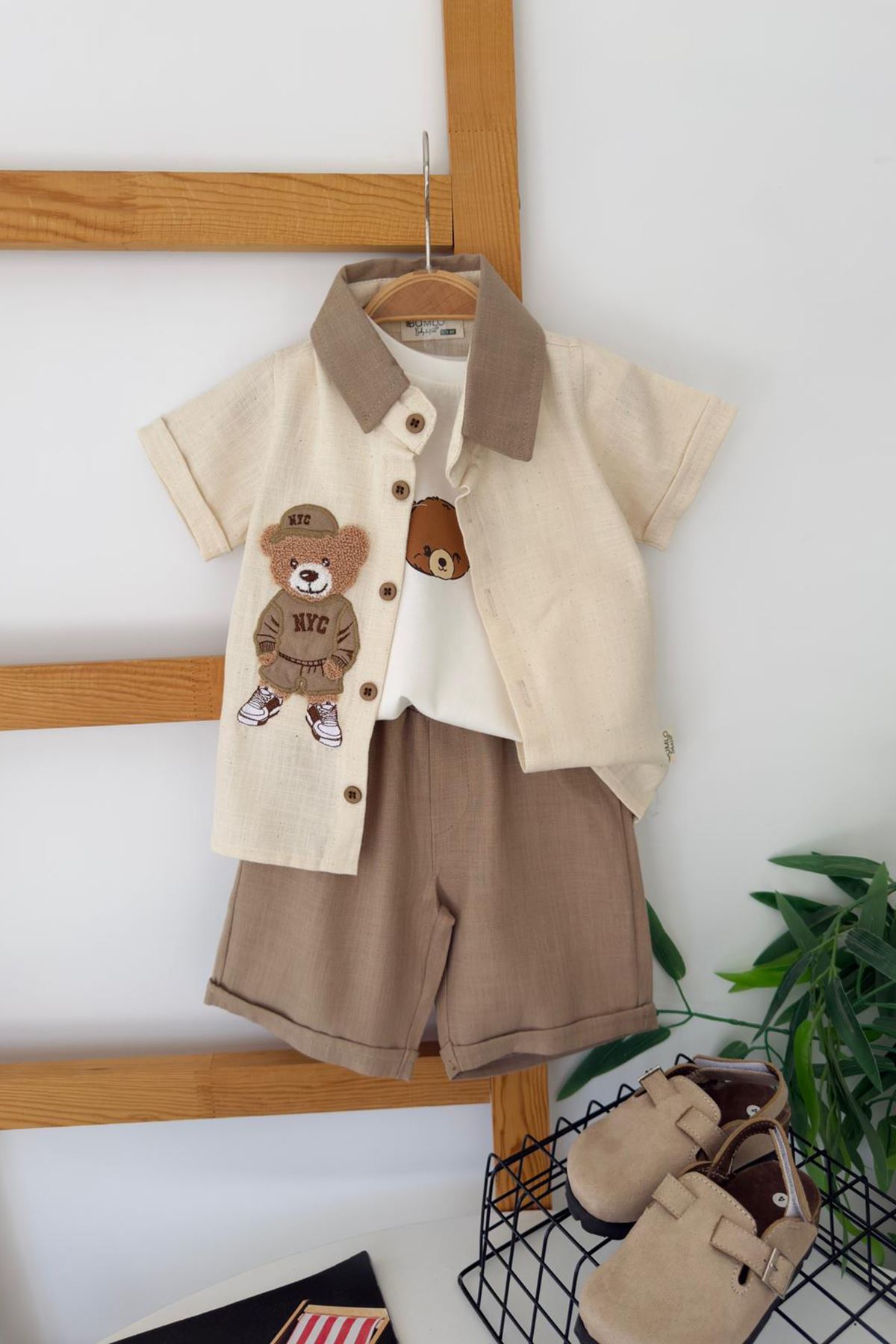 Miniğimin Cicileri Bear Panç İşleme Detaylı Erkek Bebek 3 lü Gömlekli Yazlık Takım - Kahverengi