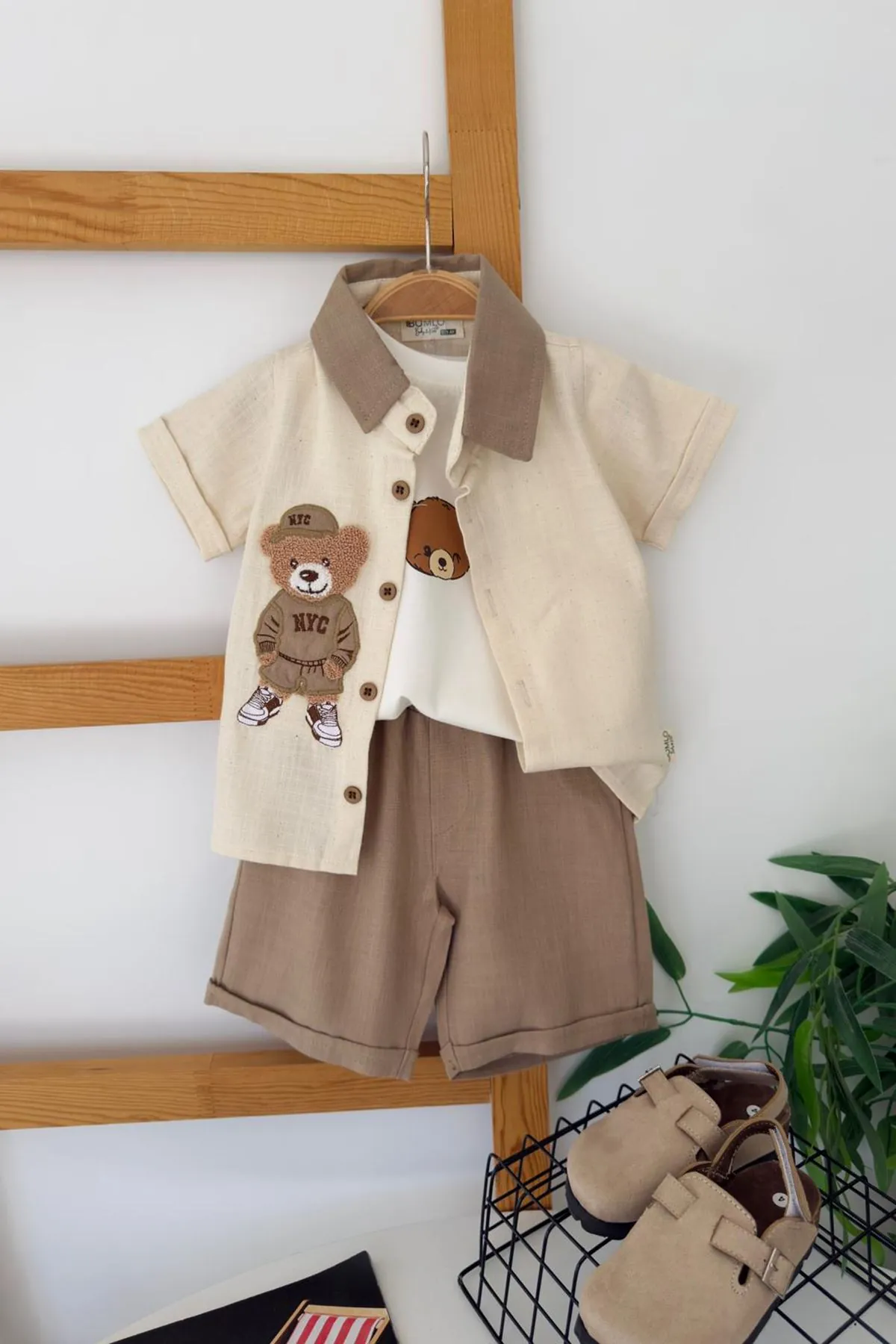 Miniğimin Cicileri Bear Panç İşleme Detaylı Erkek Bebek 3 lü Gömlekli Yazlık Takım - Kahverengi