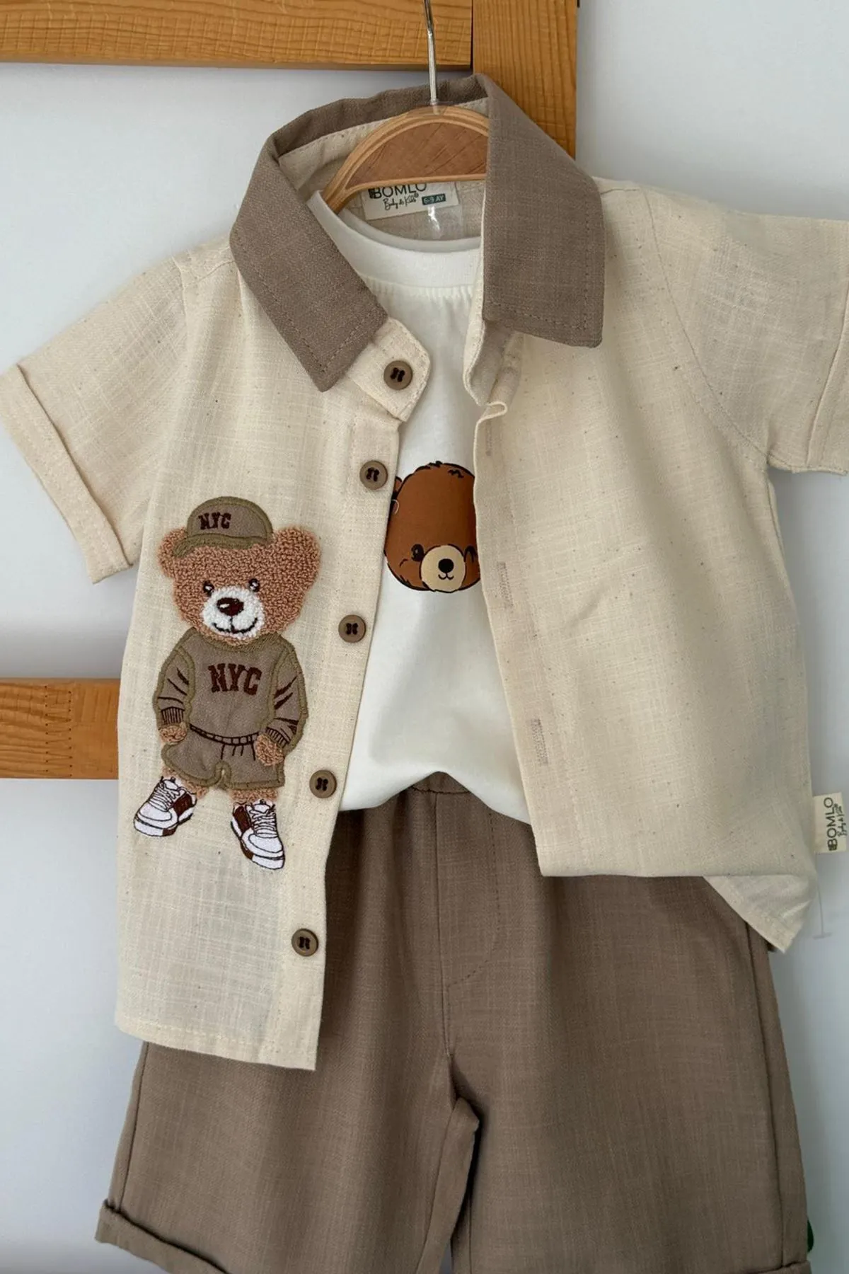 Miniğimin Cicileri Bear Panç İşleme Detaylı Erkek Bebek 3 lü Gömlekli Yazlık Takım - Kahverengi