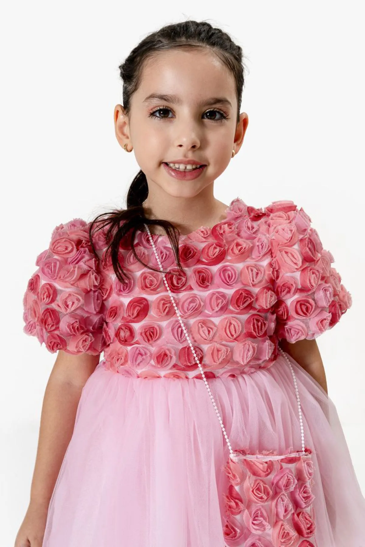 Miniğimin Cicileri Gül Dokulu Kız Çocuk Çantalı Tül Etekli Elbise - Pembe