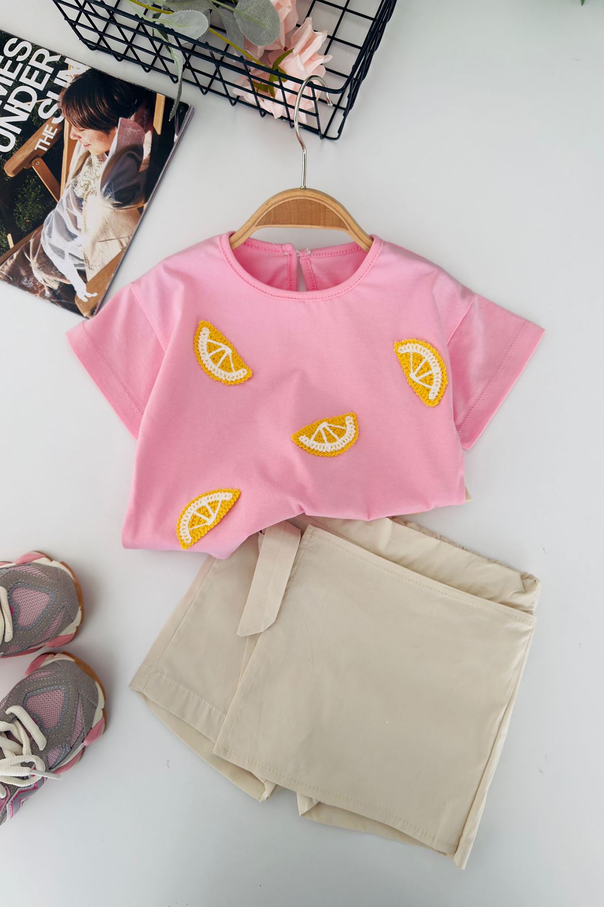 Miniğimin Cicileri Limon İşlemeli Kız Bebek 2 li Takım - Pembe