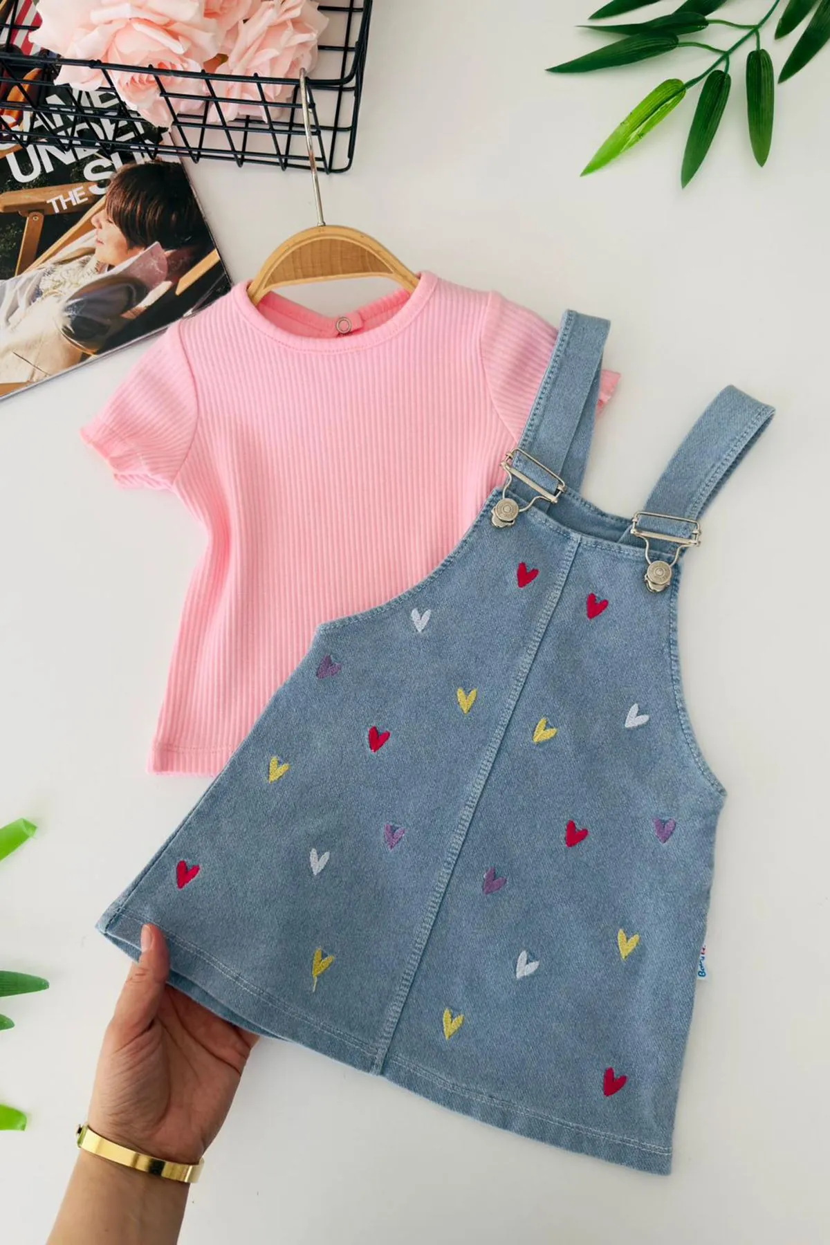 Miniğimin Cicileri Renkli Kalp İşleme Detaylı Kız Bebek Jile Takım - Pembe