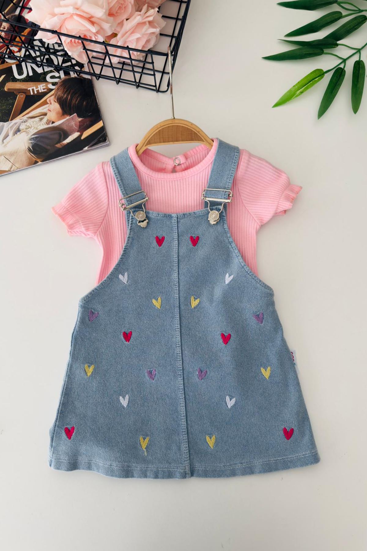 Miniğimin Cicileri Renkli Kalp İşleme Detaylı Kız Bebek Jile Takım - Pembe