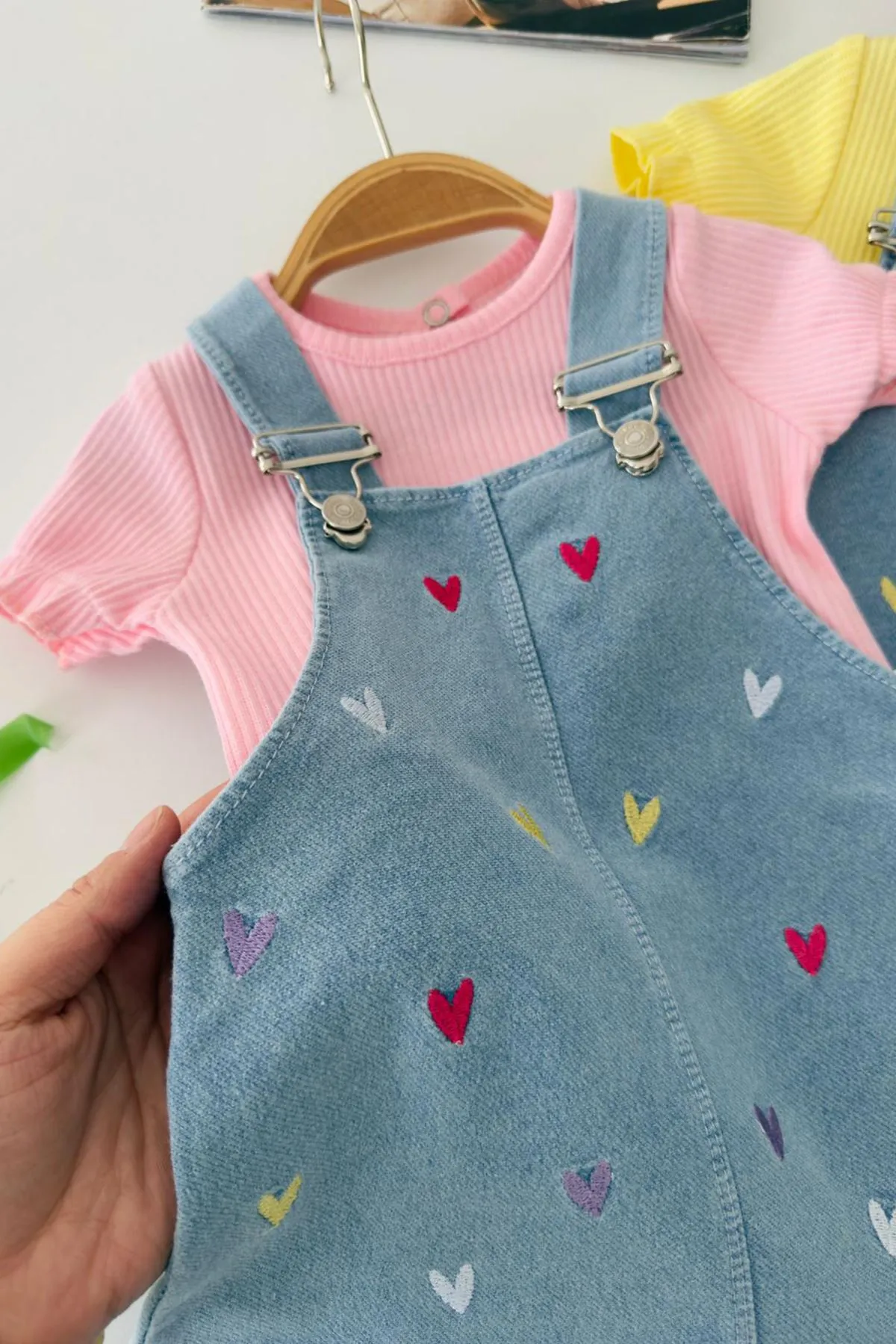 Miniğimin Cicileri Renkli Kalp İşleme Detaylı Kız Bebek Jile Takım - Pembe
