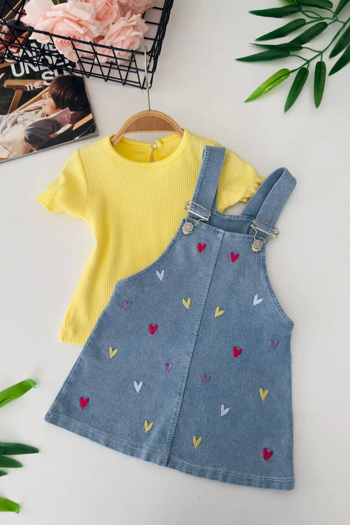 Miniğimin Cicileri Renkli Kalp İşleme Detaylı Kız Bebek Jile Takım - Sarı