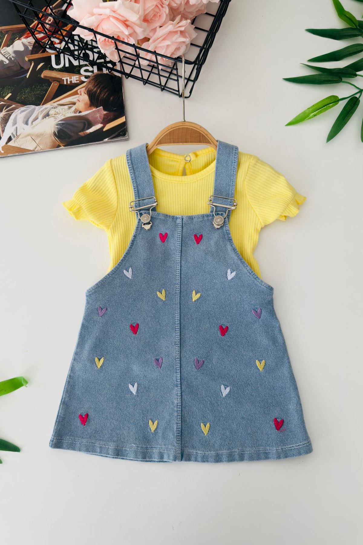 Miniğimin Cicileri Renkli Kalp İşleme Detaylı Kız Bebek Jile Takım - Sarı