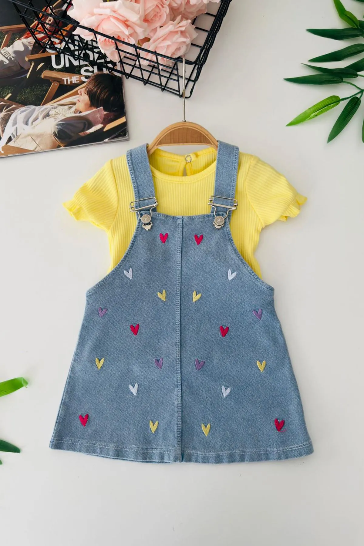 Miniğimin Cicileri Renkli Kalp İşleme Detaylı Kız Bebek Jile Takım - Sarı
