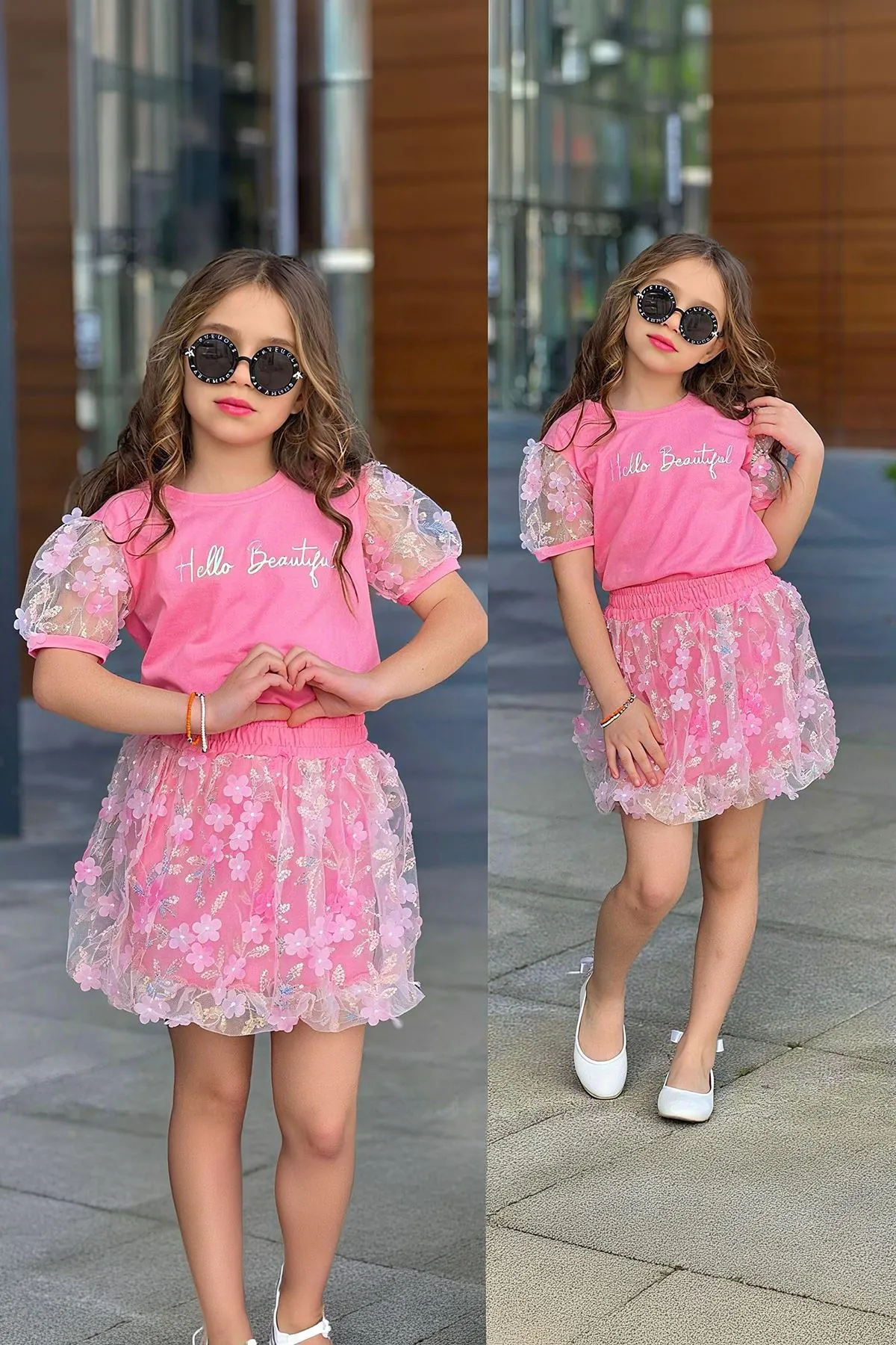 Miniğimin Cicileri Hello Beautiful Çiçek Aplikeli Tüllü Kız Çocuk Etekli 2’Li Takım - Pembe