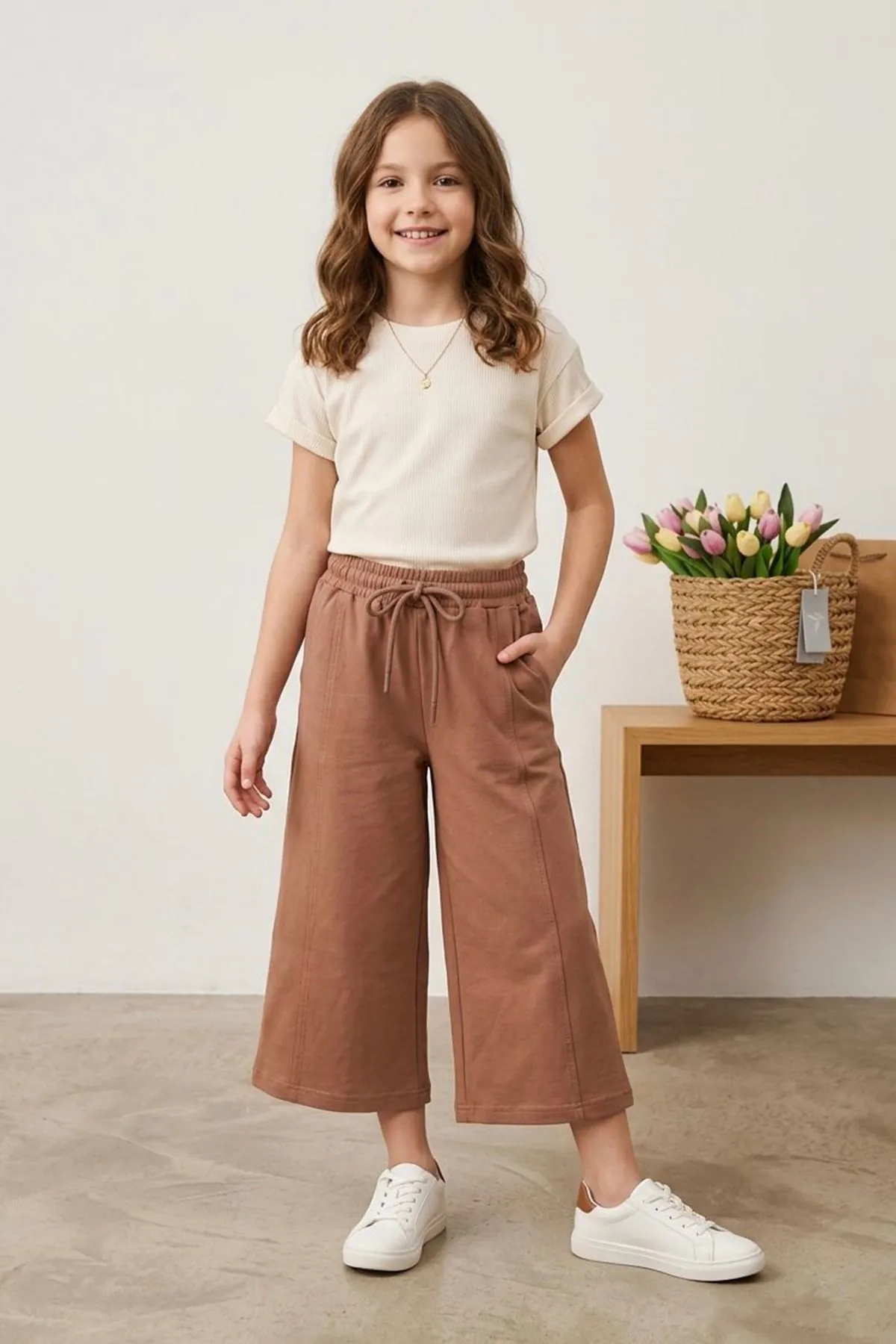 Miniğimin Cicileri Basic Kapri Kız Çocuk Oversize Alt - Kahverengi