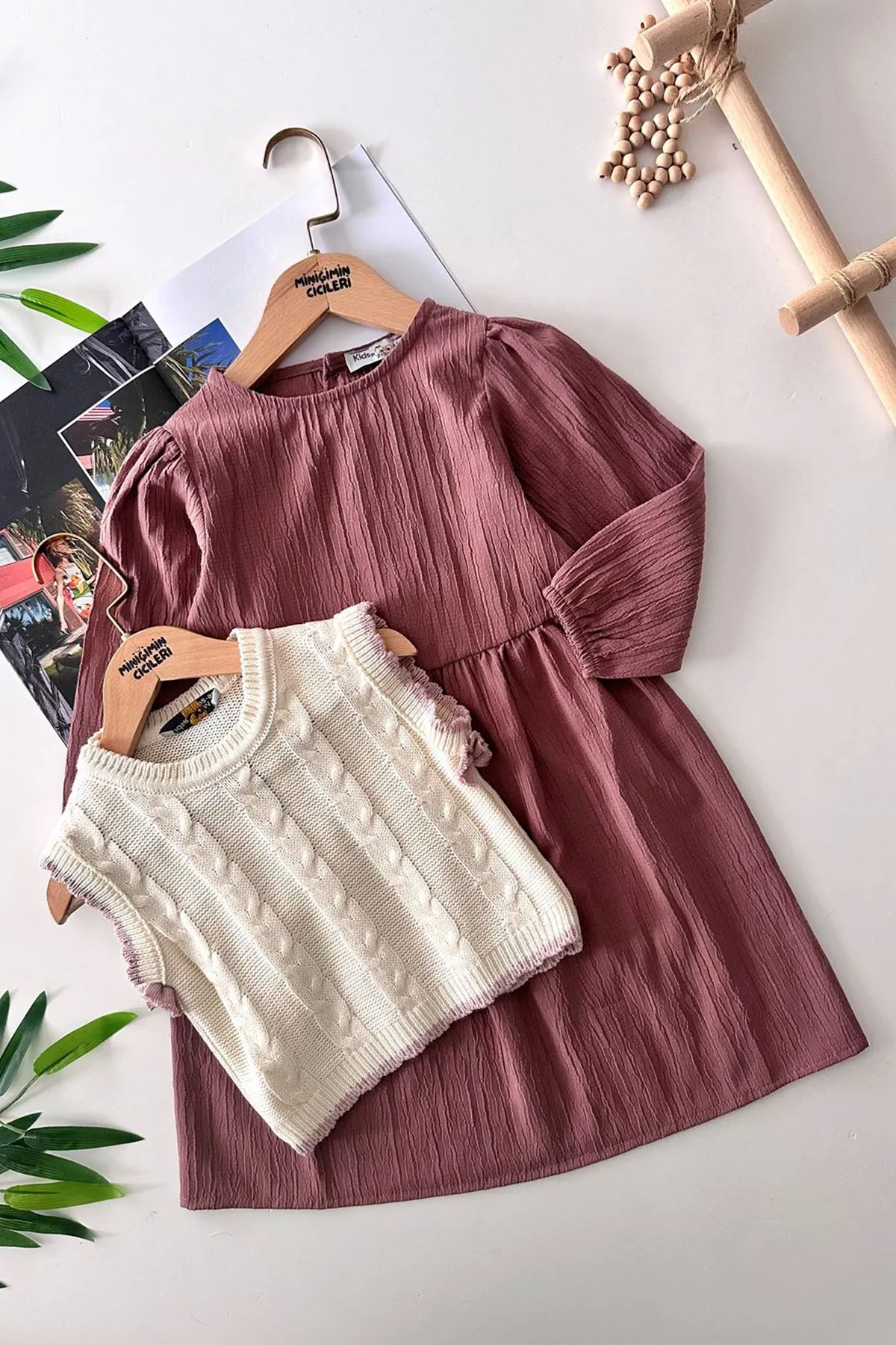 Miniğimin Cicileri Triko Süeterli Kız Çocuk Keten Elbise - Gül Kurusu