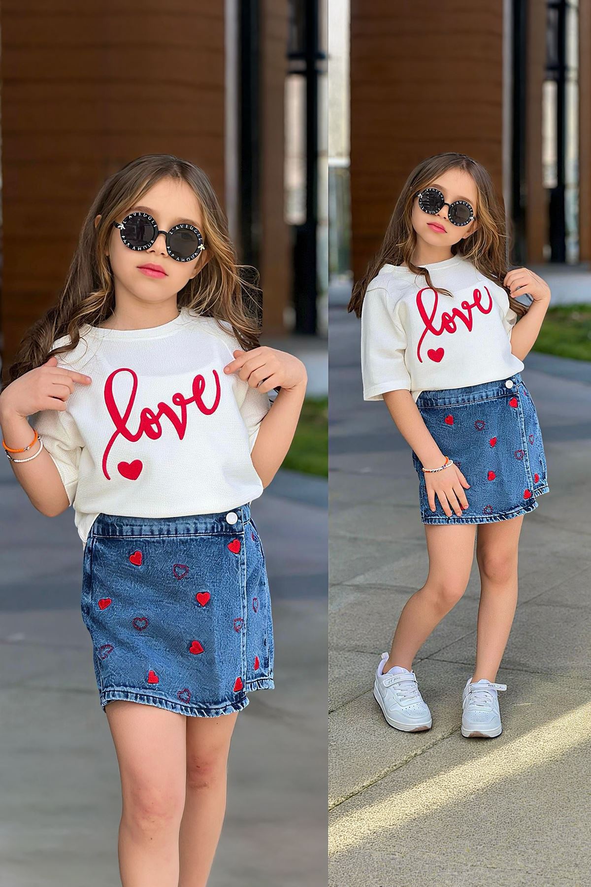 Miniğimin Cicileri Love Baskılı Kalp Nakışlı Kot Şort Etekli Kız Çocuk Takım - Mavi