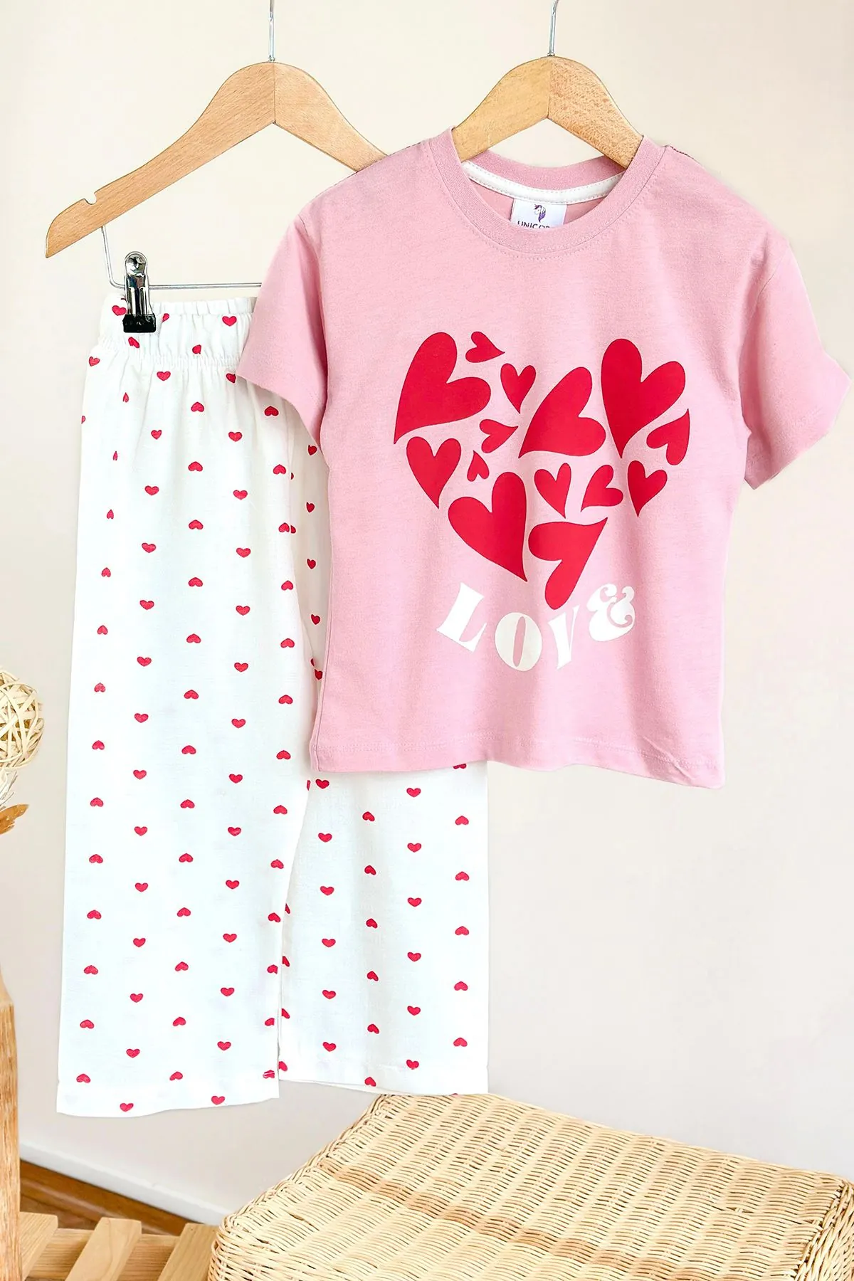 Miniğimin Cicileri More Love Baskılı Kalp Desenli Pantolonlu Kız Çocuk Takım - Pembe