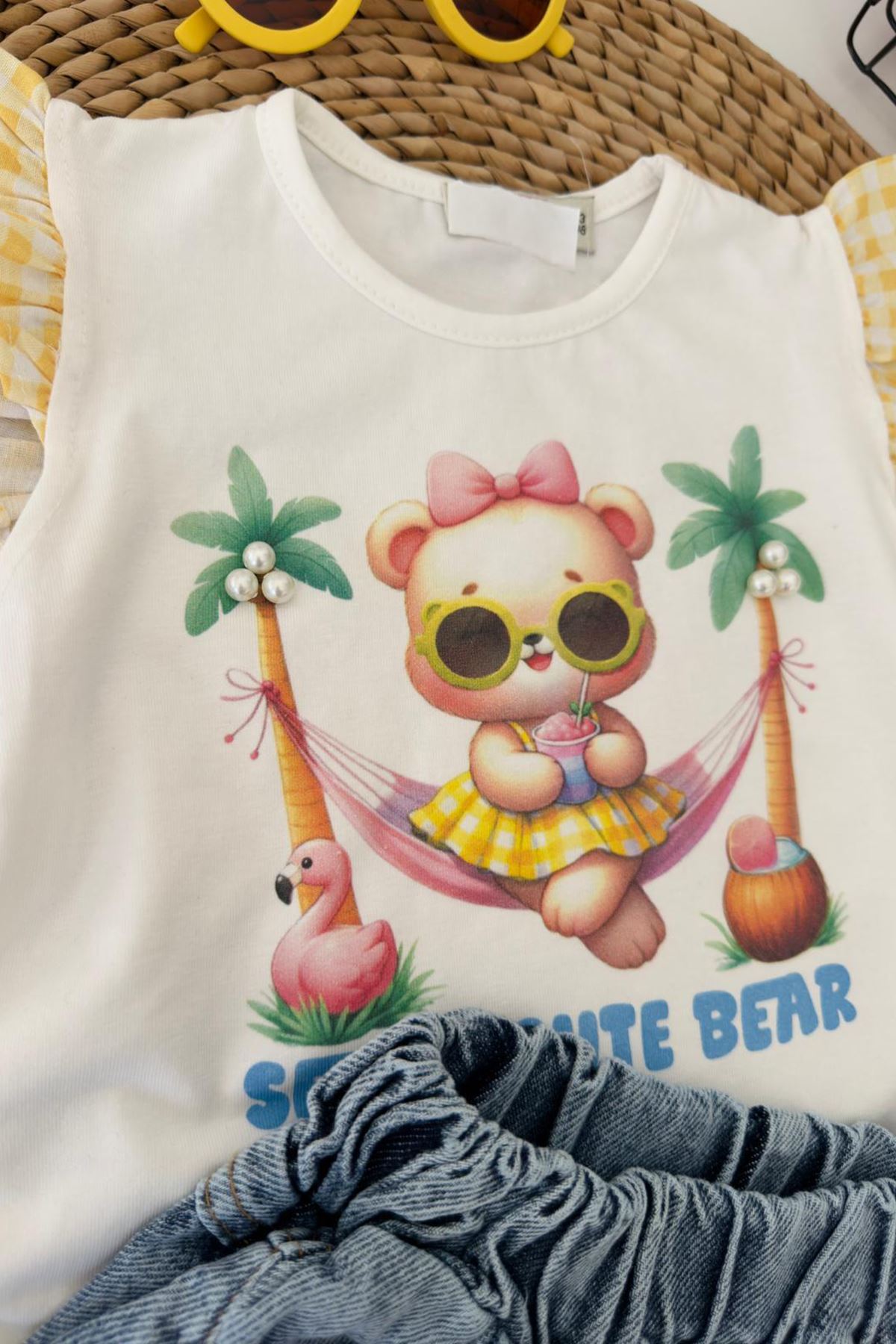 Miniğimin Cicileri Cute Bear Baskılı Kız Gözlük Hediyeli Yazlık Kız Çocuk 3 lü Takım - Sarı