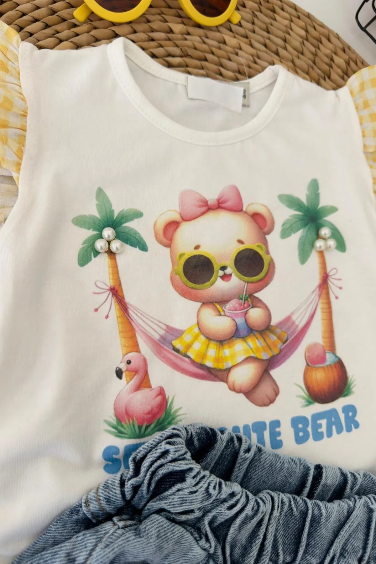 Miniğimin Cicileri Cute Bear Baskılı Kız Gözlük Hediyeli Yazlık Kız Çocuk 3 lü Takım - Sarı