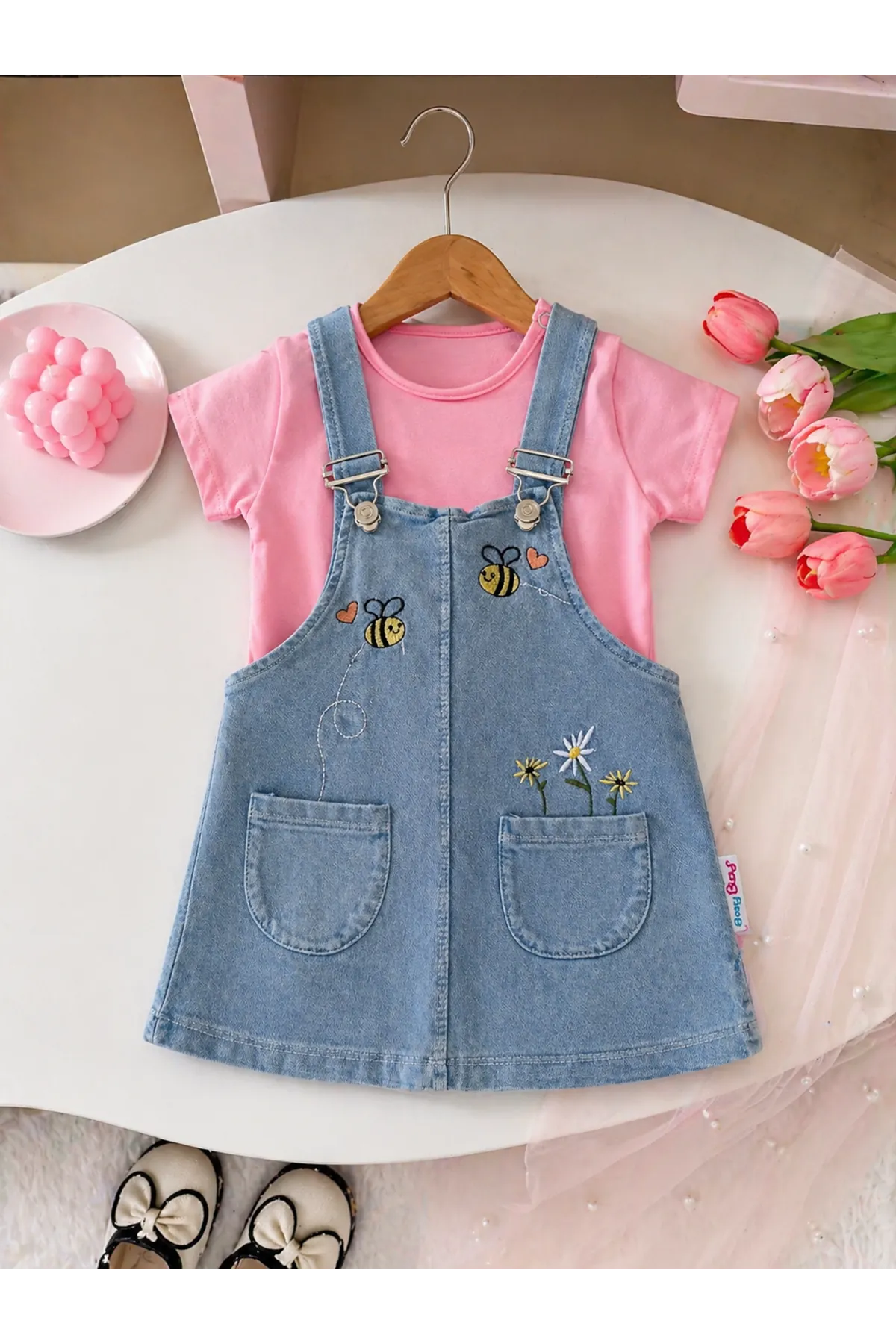 Miniğimin Cicileri Arı İşlemeli Cep Detaylı Kız Bebek 2 li Jile Takım - Pembe