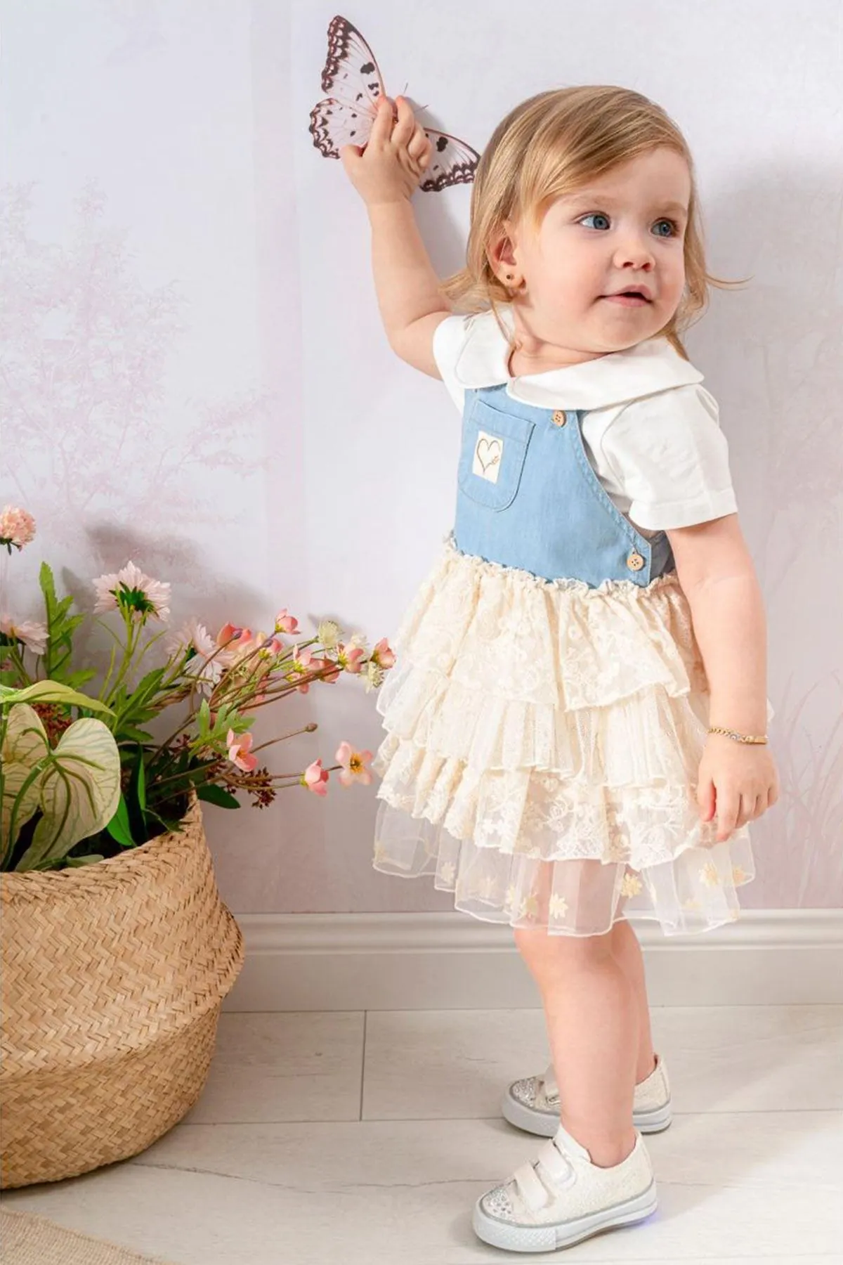 Miniğimin Cicileri Kot Jileli Dantel Etekli Kız Bebek Takım - Bebe Mavi