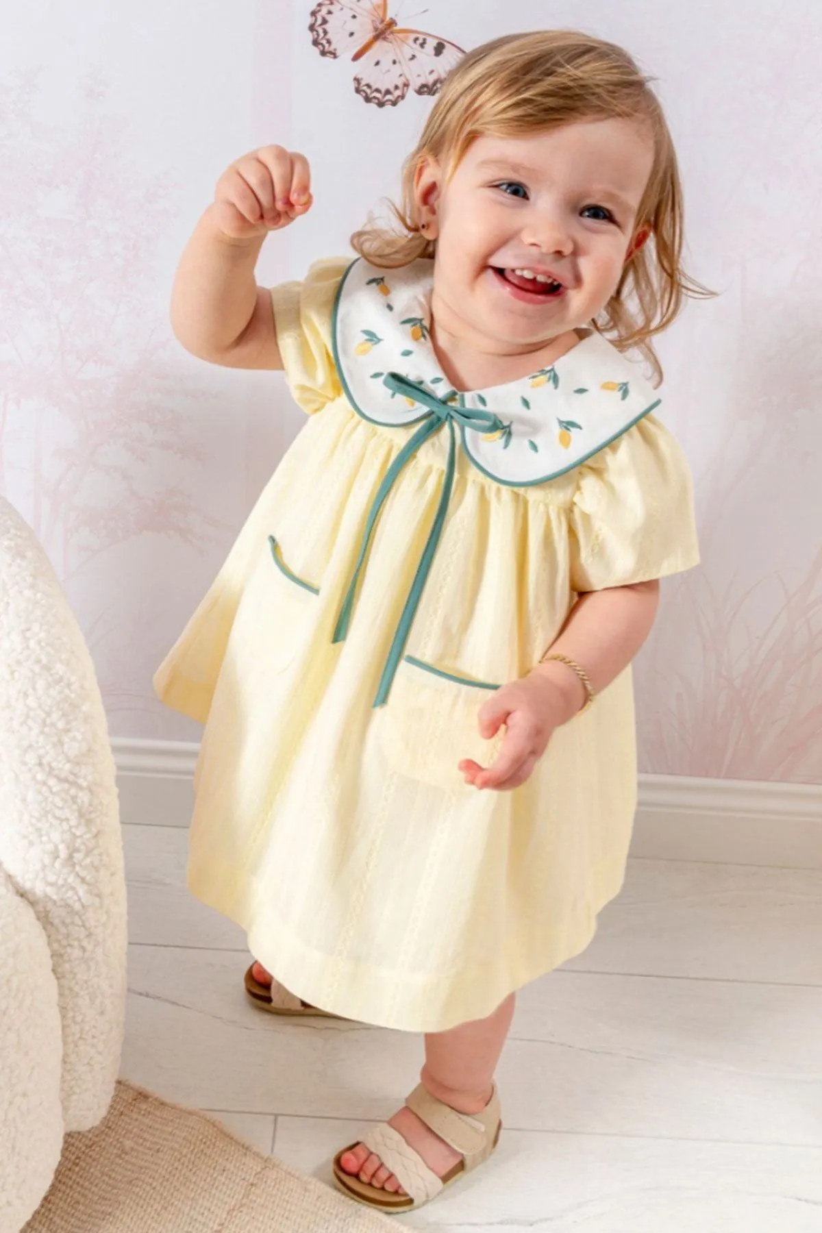 Miniğimin Cicileri Limon Nakışlı Bebe Yaka Kız Bebek Elbise - Sarı
