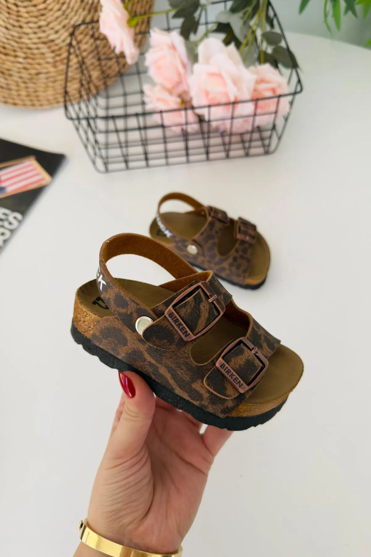 Miniğimin Ciciler Leopar Desenli Yazlık Unisex Çocuk Sandalet - Kahverengi