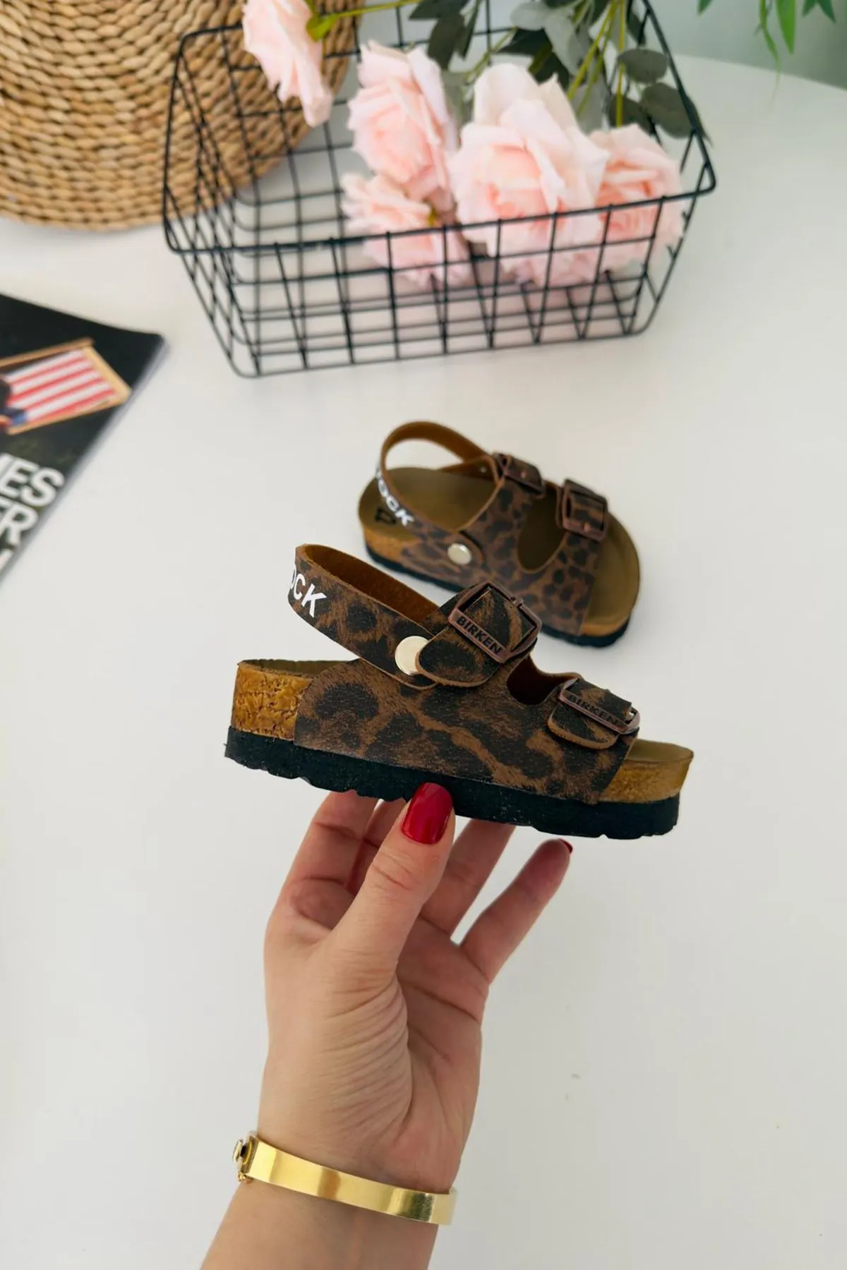 Miniğimin Ciciler Leopar Desenli Yazlık Unisex Çocuk Sandalet - Kahverengi