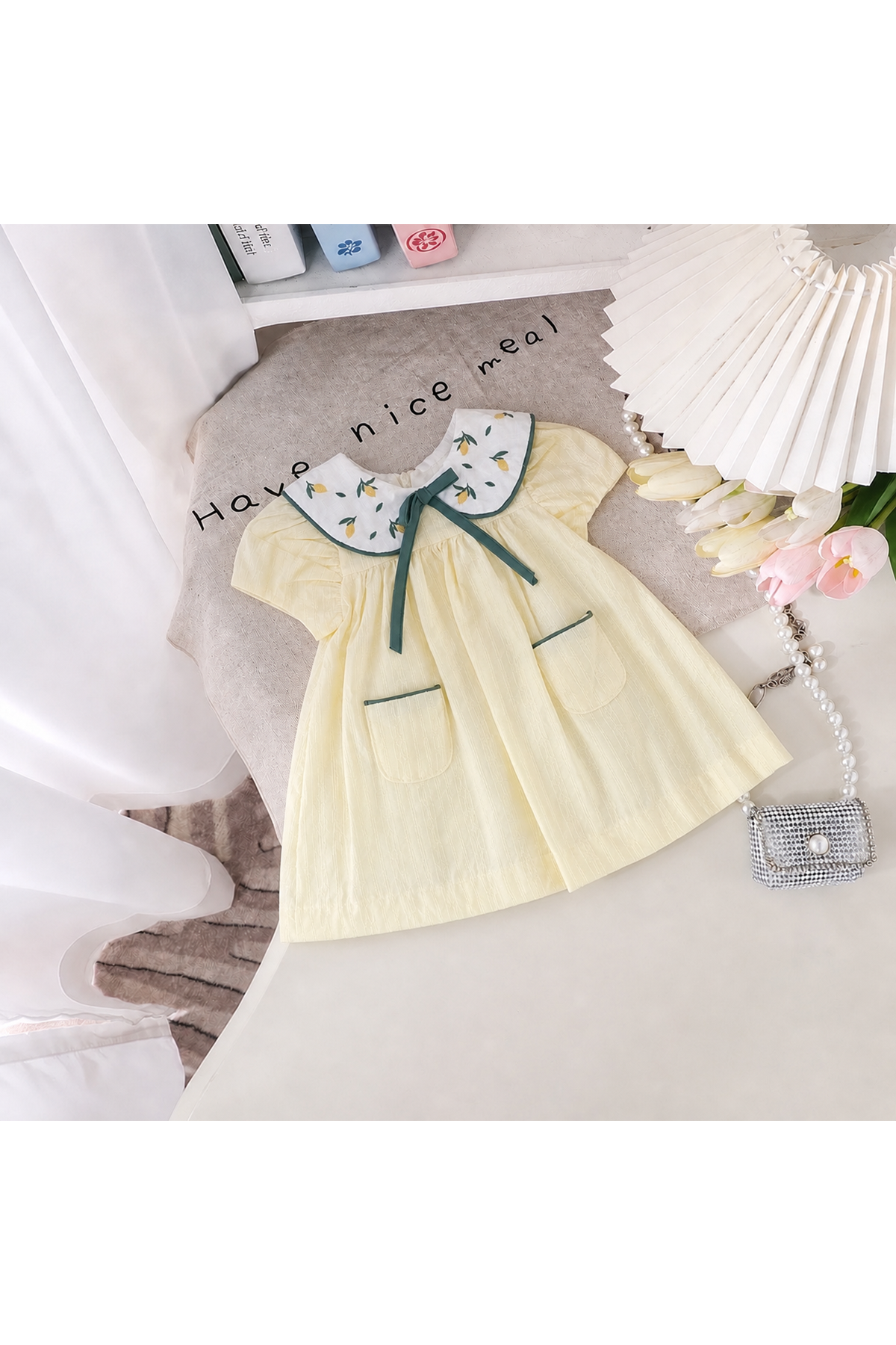 Miniğimin Cicileri Limon Nakışlı Bebe Yaka Kız Bebek Elbise - Sarı