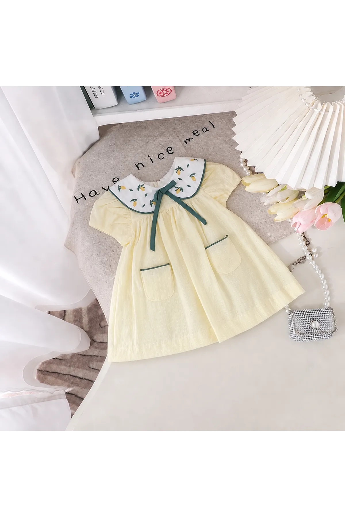 Miniğimin Cicileri Limon Nakışlı Bebe Yaka Kız Bebek Elbise - Sarı