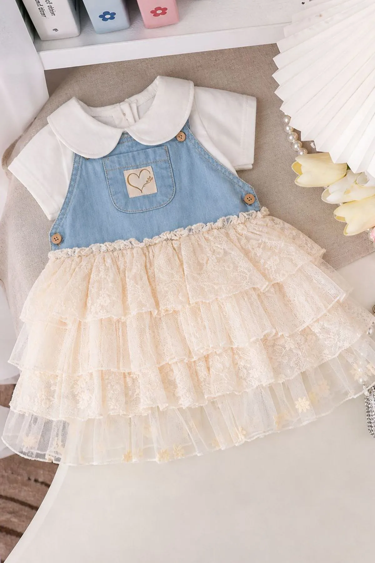 Miniğimin Cicileri Kot Jileli Dantel Etekli Kız Bebek Takım - Bebe Mavi
