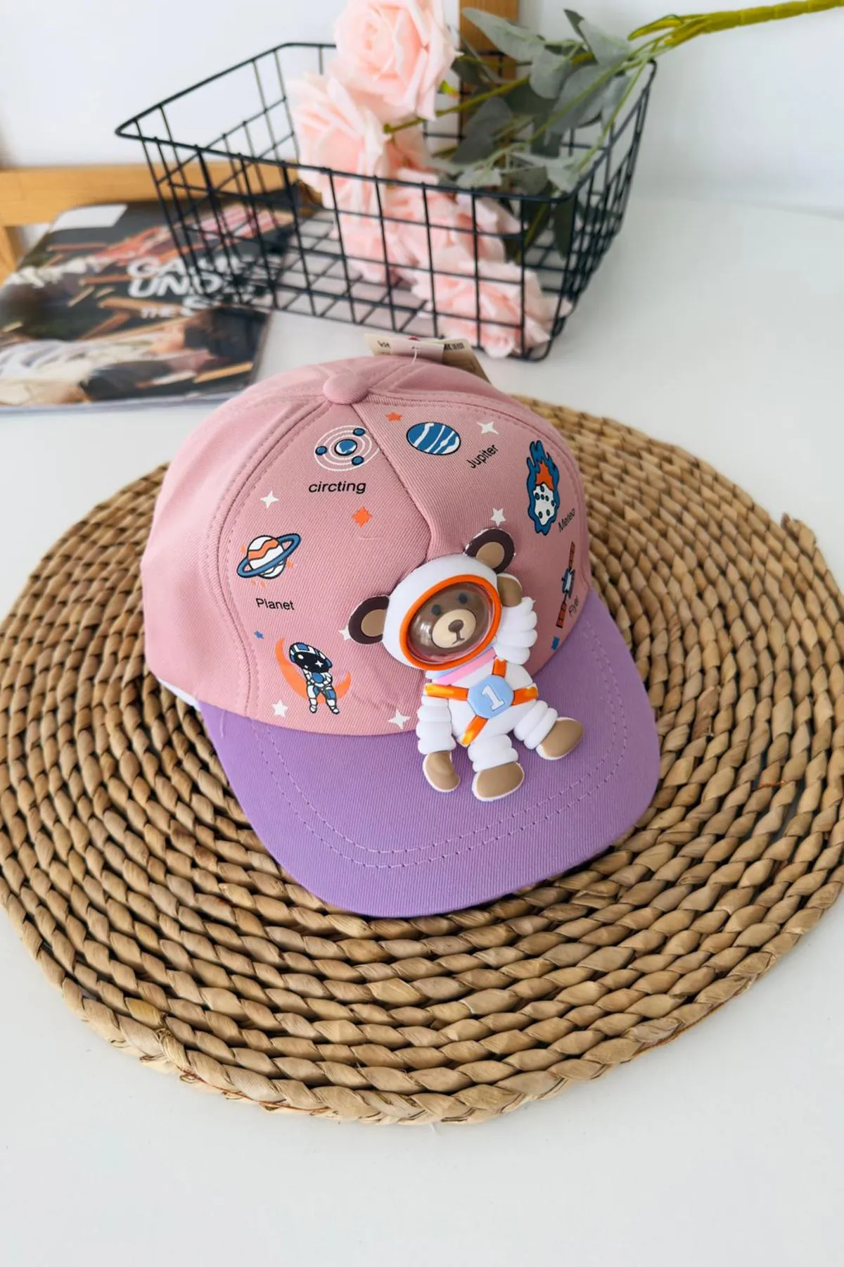 Miniğimin Cicileri 5-8 Astronot Bear Desenli Unisex Çocuk Şapka - Gül Kurusu