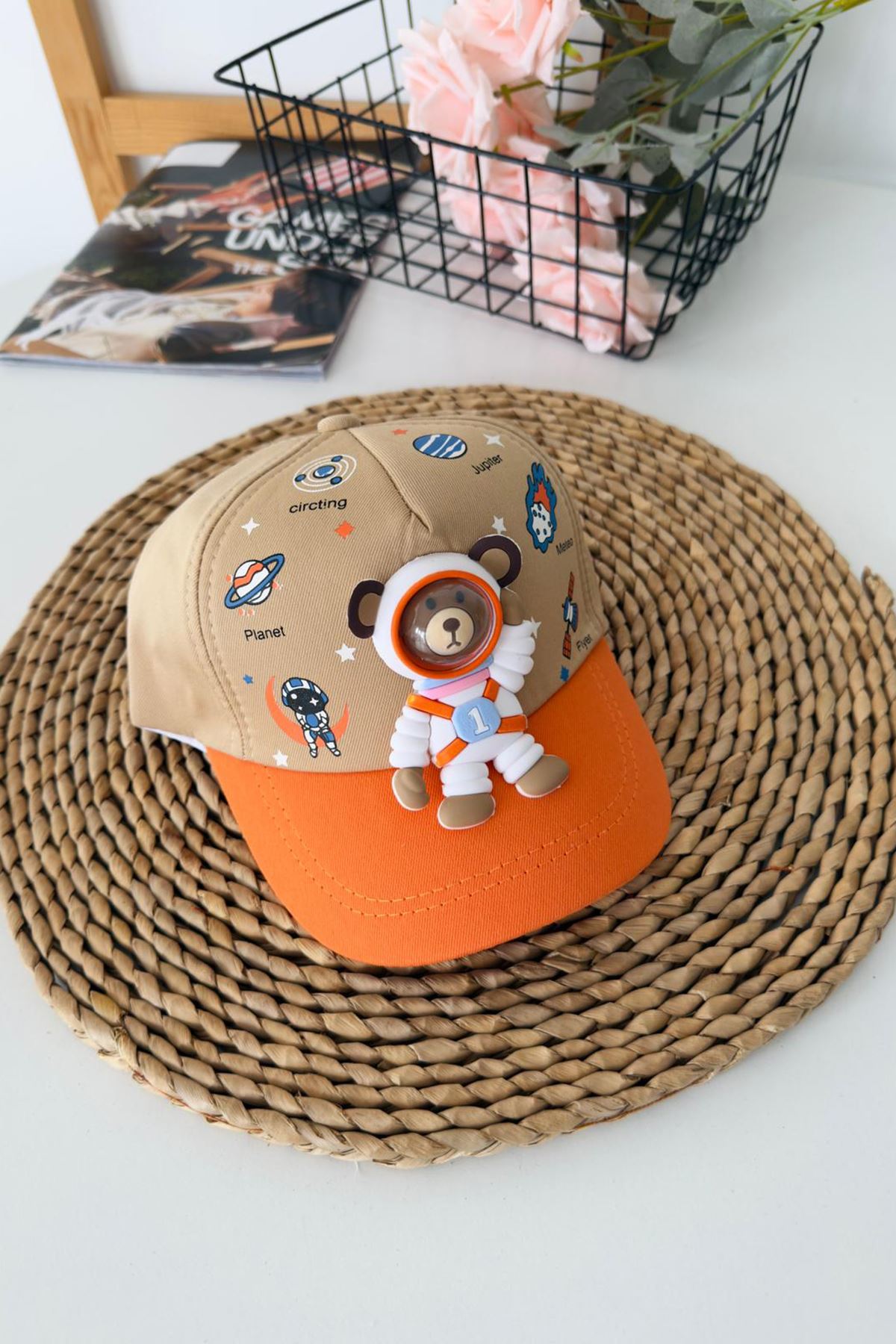 Miniğimin Cicileri 5-8 Astronot Bear Desenli Unisex Çocuk Şapka - Bej