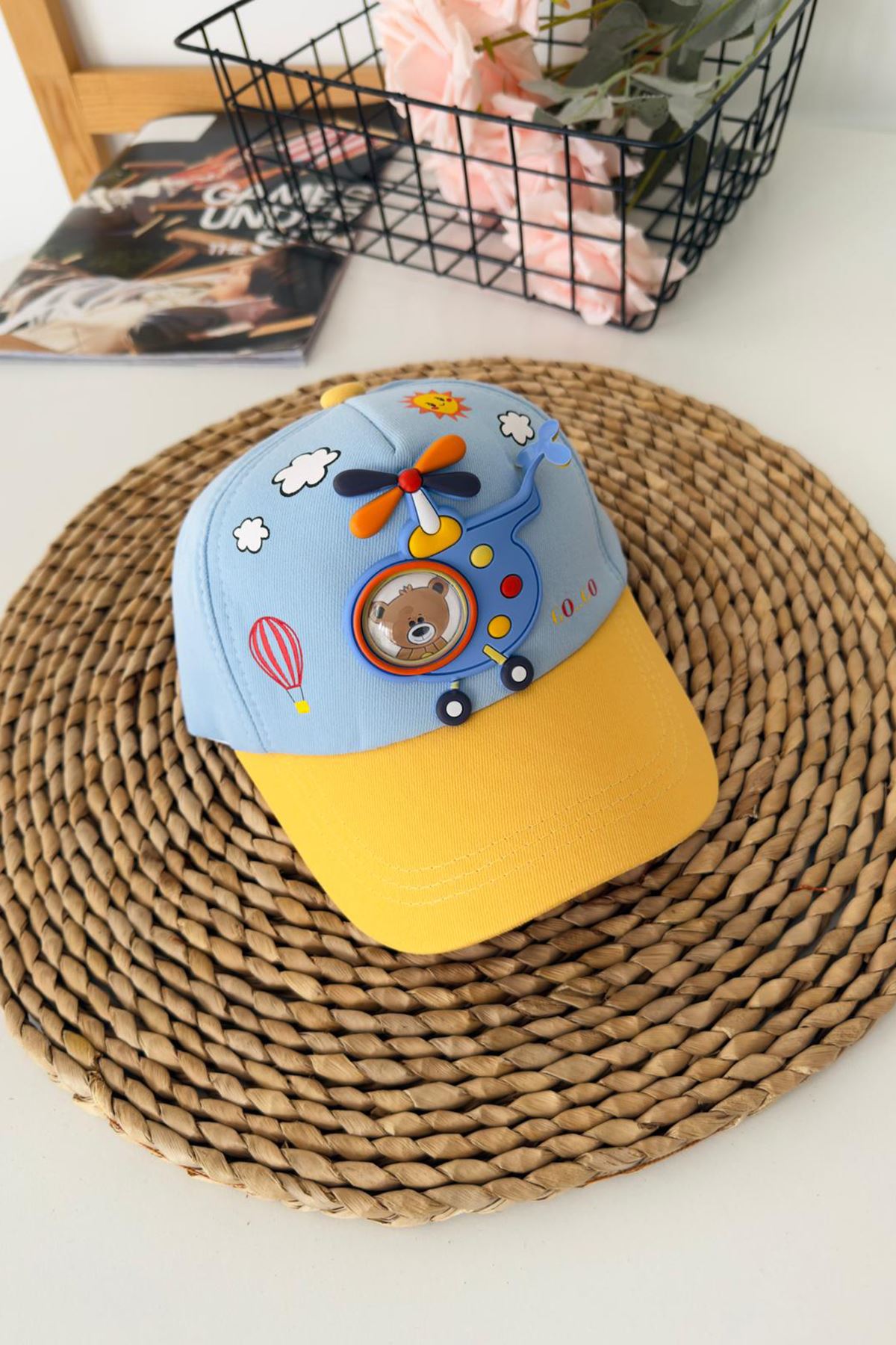 Miniğimin Cicileri 5-8 Helikopter Bear Desenli Unisex Çocuk Şapka - Mavi