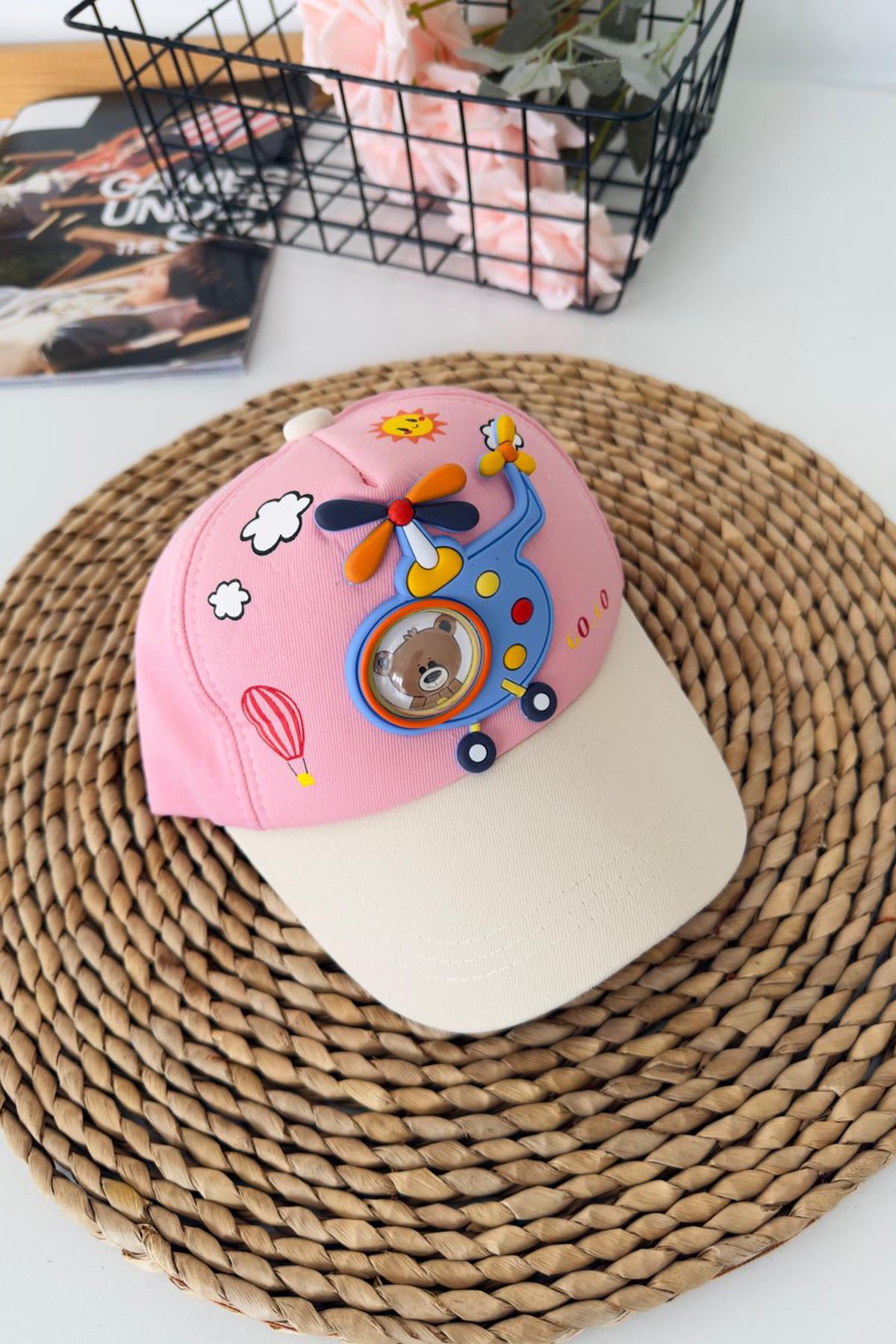Miniğimin Cicileri 5-8 Helikopter Bear Desenli Unisex Çocuk Şapka - Pembe