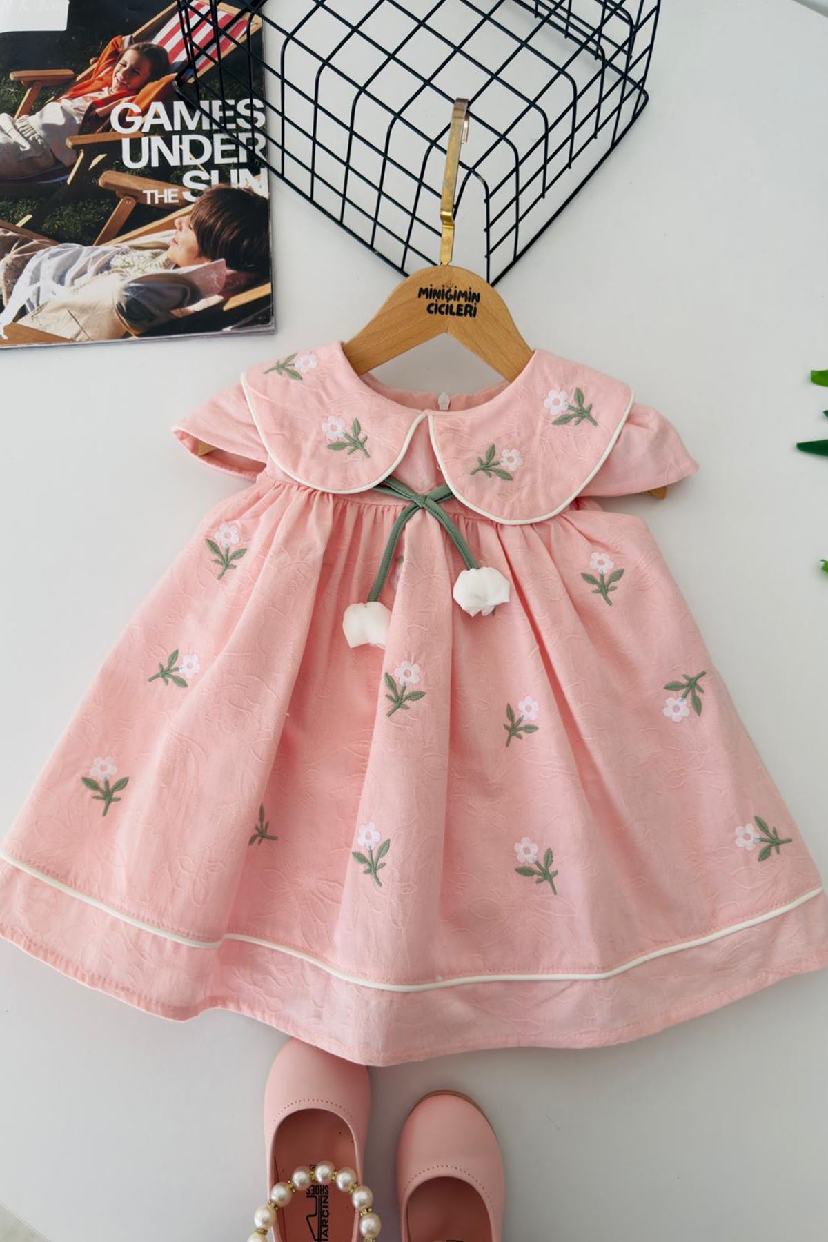 Miniğimin Cicileri Lale Detaylı Kız Bebek Pamuk Elbise - Pembe