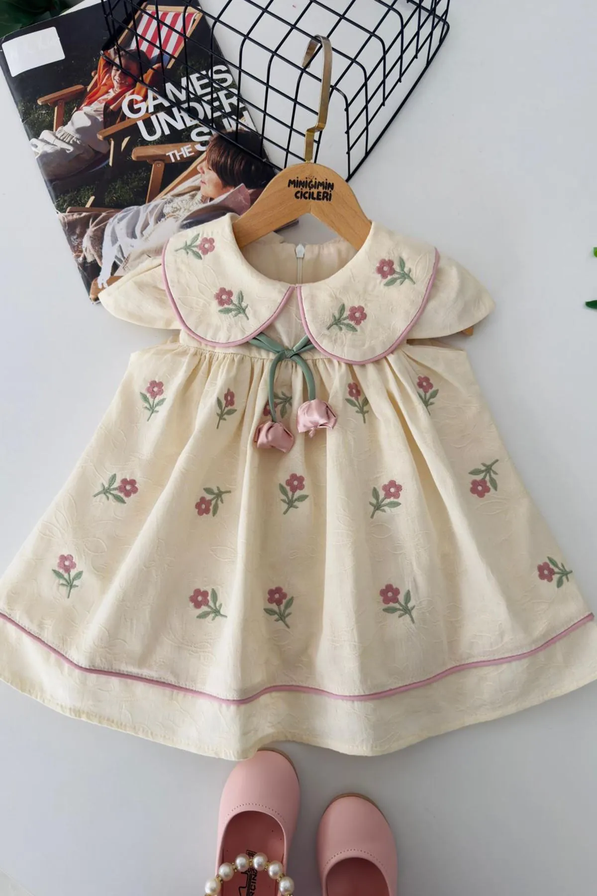 Miniğimin Cicileri Lale Detaylı Kız Bebek Pamuk Elbise - Bej