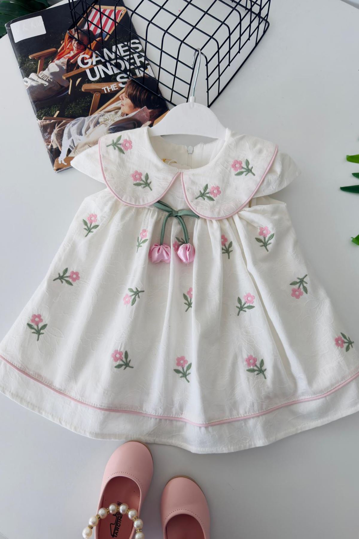 Miniğimin Cicileri Lale Detaylı Kız Bebek Pamuk Elbise - Ekru