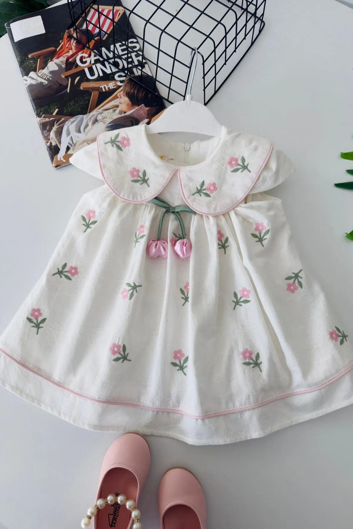 Miniğimin Cicileri Lale Detaylı Kız Bebek Pamuk Elbise - Ekru