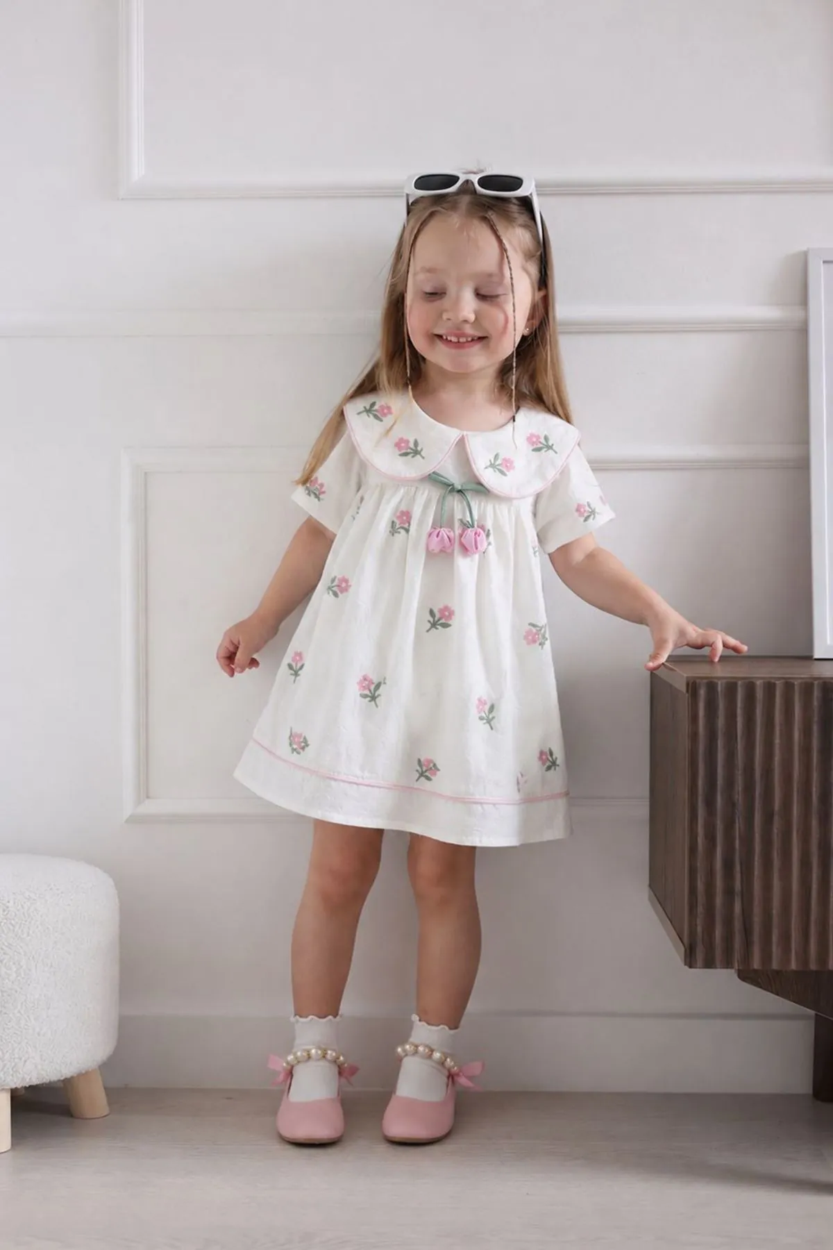 Miniğimin Cicileri Lale Detaylı Kız Bebek Pamuk Elbise - Ekru