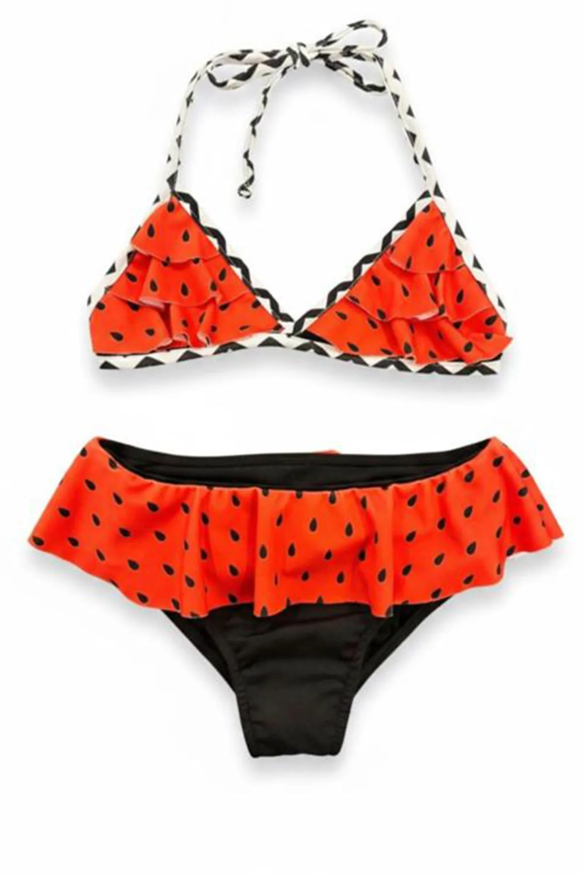 Miniğimin Cicileri Karpuz Desenli Fırfırlı Kız Çocuk Bikini Takımı - Kırmızı