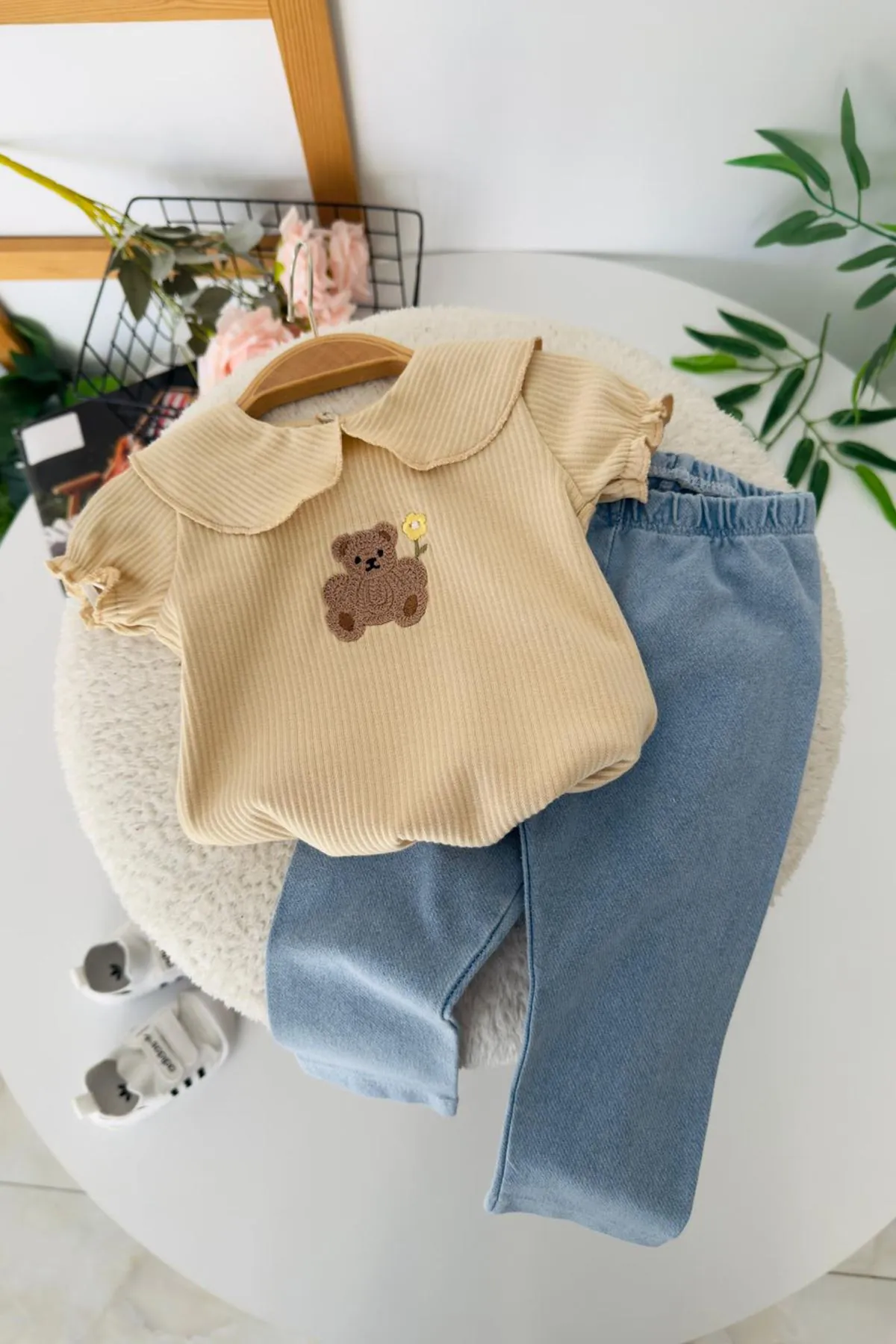 Miniğimin Cicileri Ayıcık İşleme Detaylı Kız Bebek 2 li Takım - Vizon