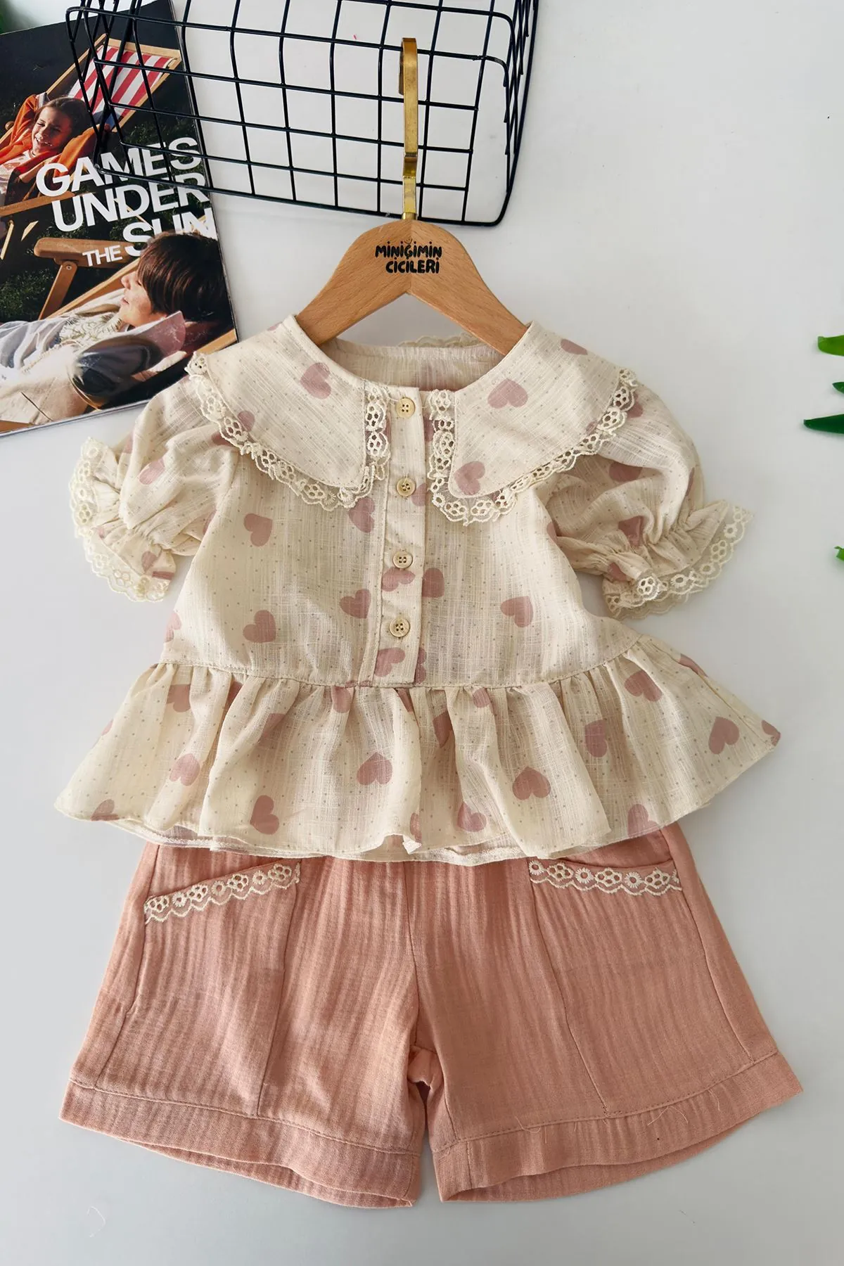 Miniğimin Cicileri Vintage Kalp Desenli Şortlu Kız Çocuk Takım - Somon