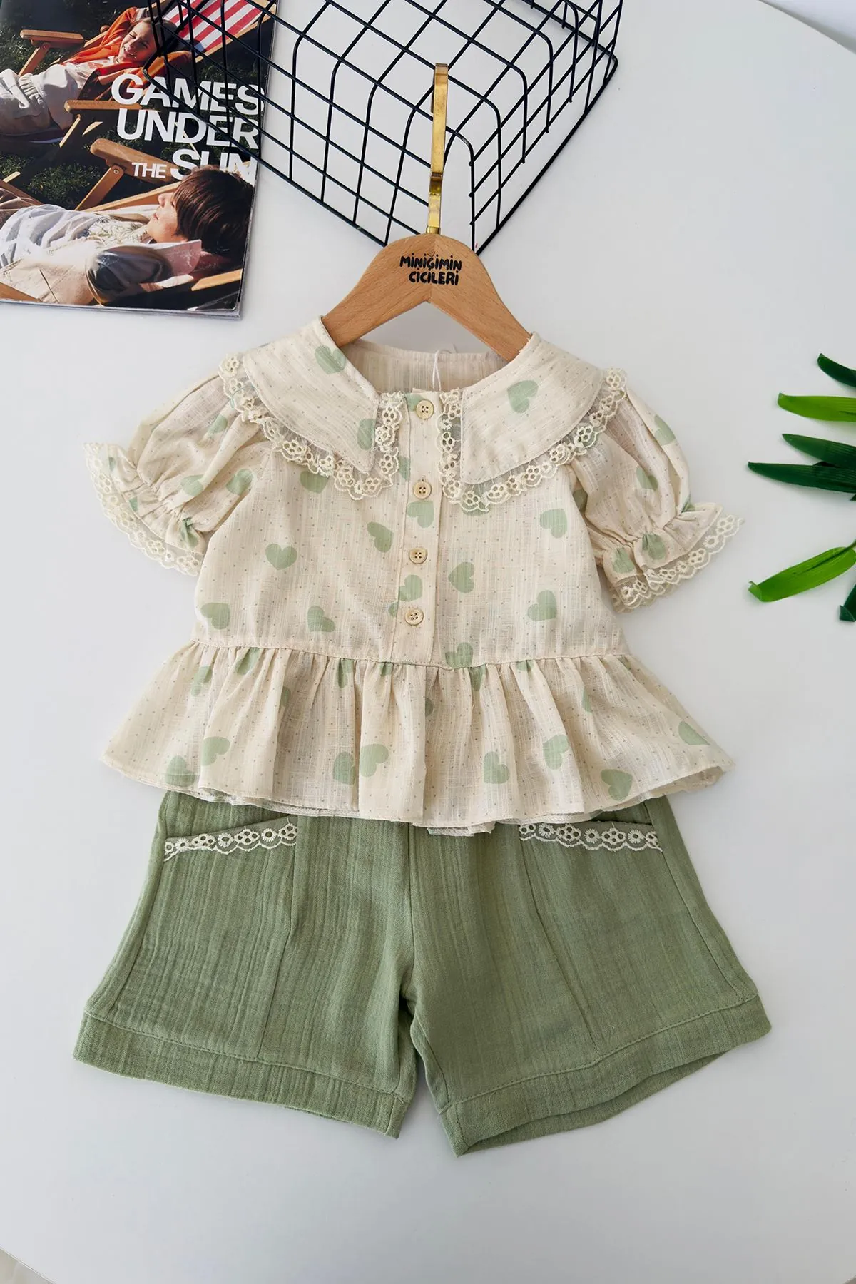 Miniğimin Cicileri Vintage Kalp Desenli Şortlu Kız Çocuk Takım - Yeşil