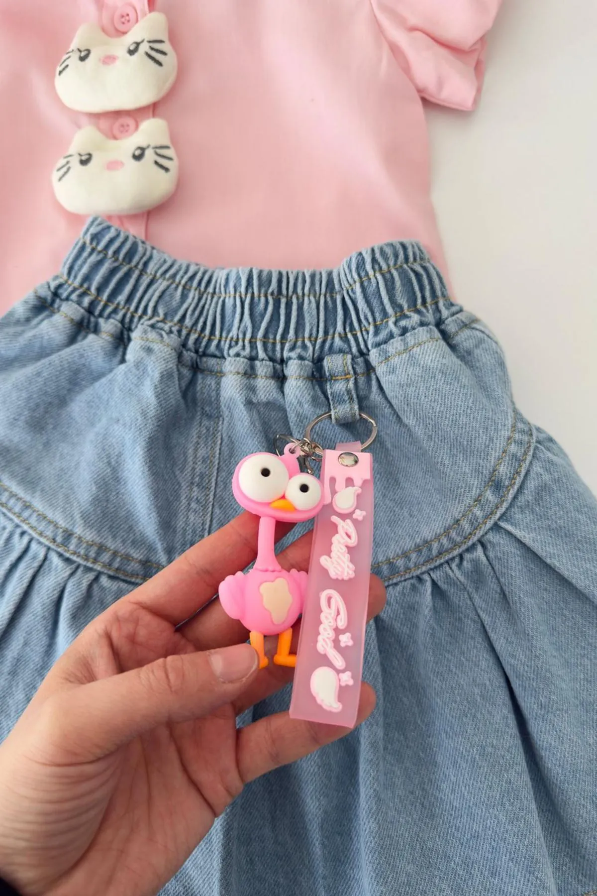 Miniğimin Cicileri Balon Kollu Kitty Detaylı Kot Etekli Yazlık Kız Çocuk Takım - Pembe