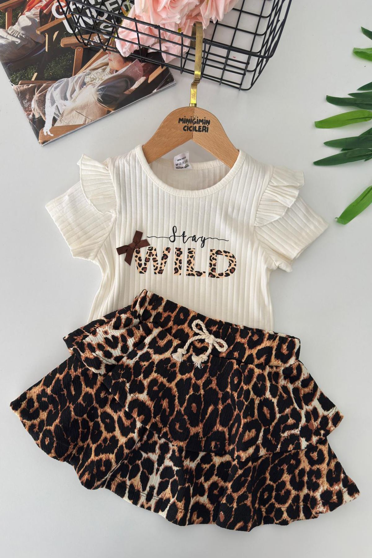 Miniğimin Cicileri Wild Leopar Etekli Kız Çocuk 2 li Takım - Kahverengi