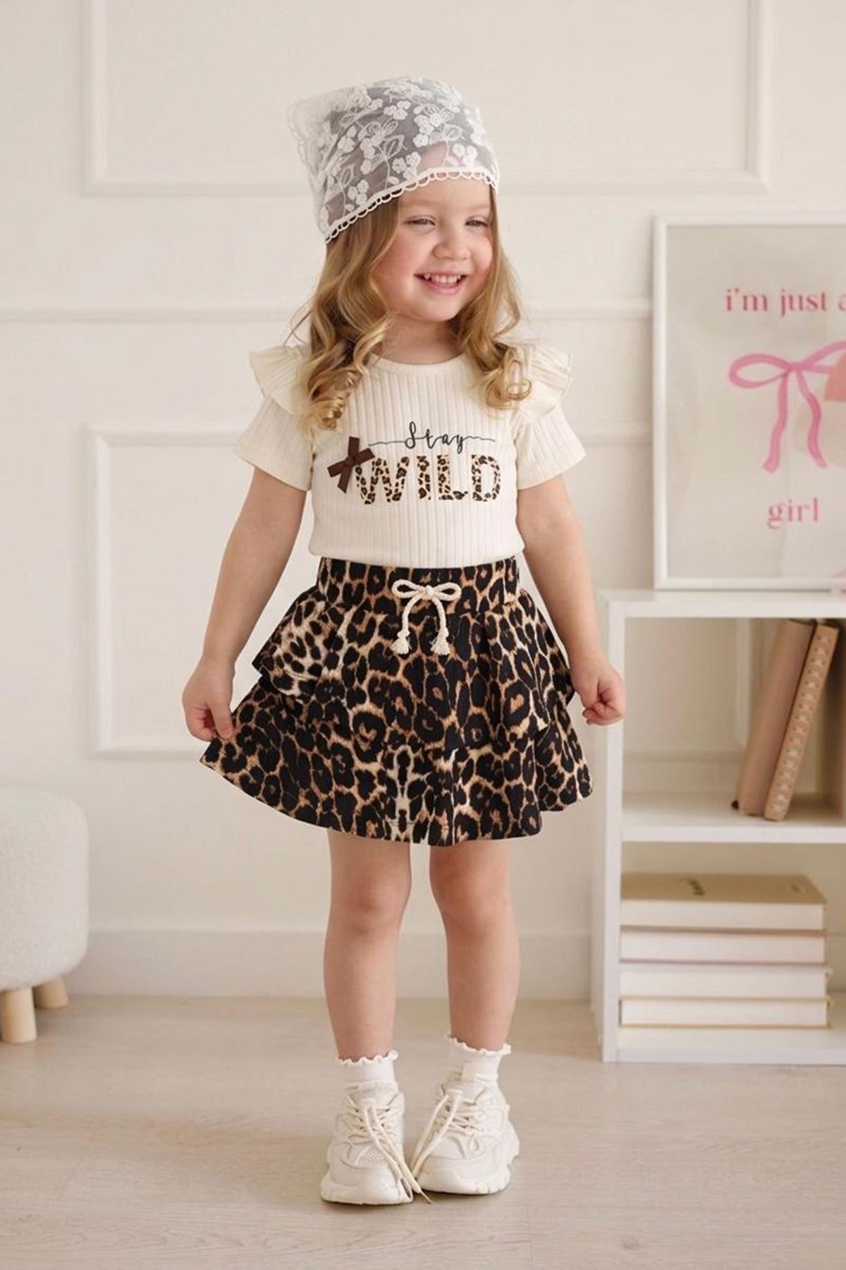 Miniğimin Cicileri Wild Leopar Etekli Kız Çocuk 2 li Takım - Kahverengi
