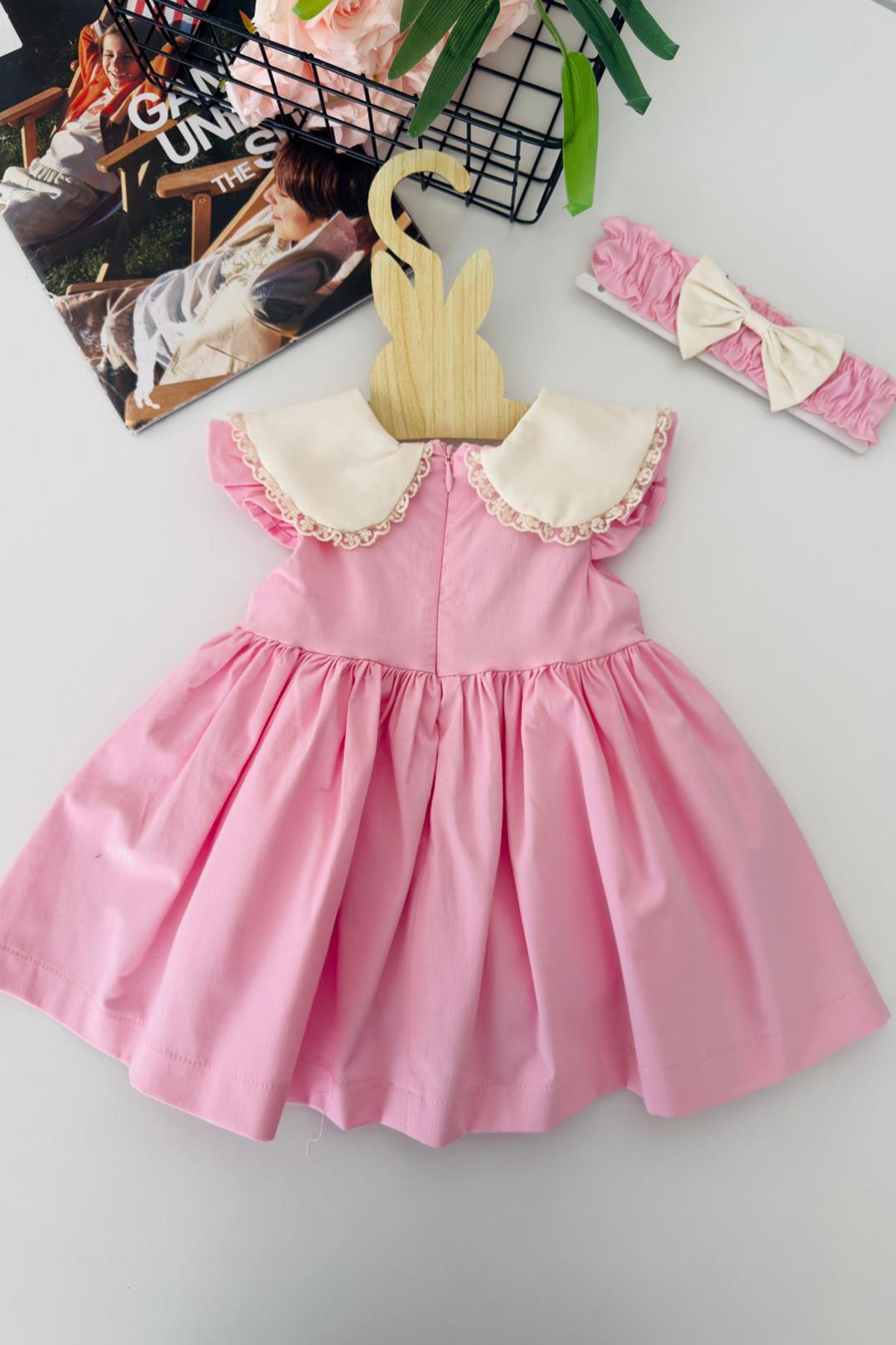 Miniğimin Cicileri Çiçek Baskılı Yakalı Kız Bebek Elbise - Pembe