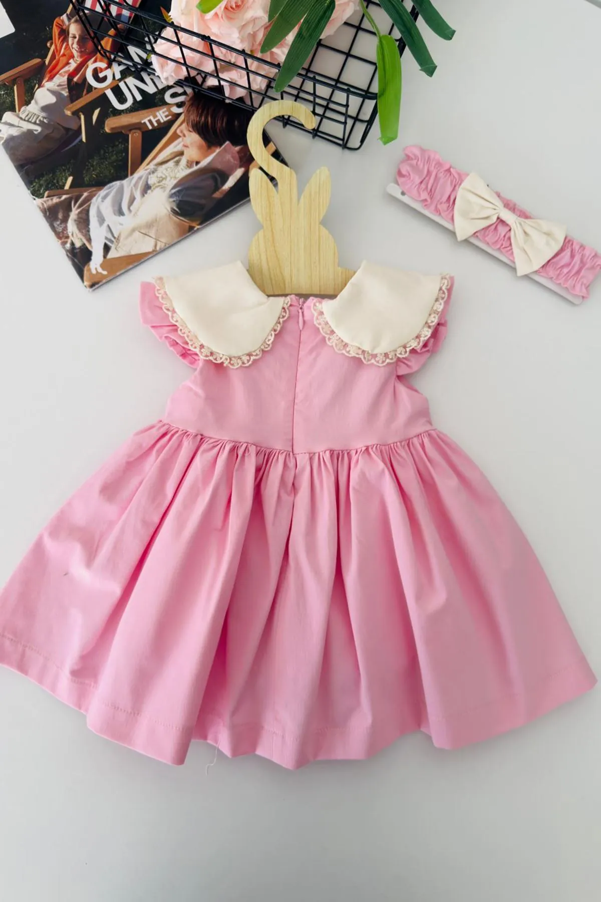 Miniğimin Cicileri Çiçek Baskılı Yakalı Kız Bebek Elbise - Pembe